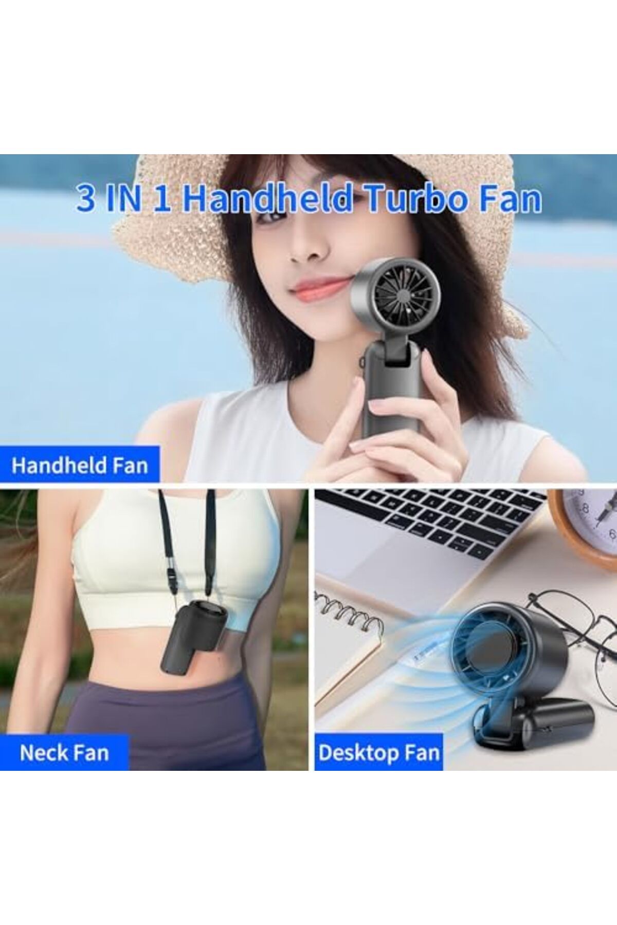 Generic-Handheld Portable Turbo Fan, 180° Foldable 6-Speed Mini Handheld Fan with Cooling Plate, 2 5