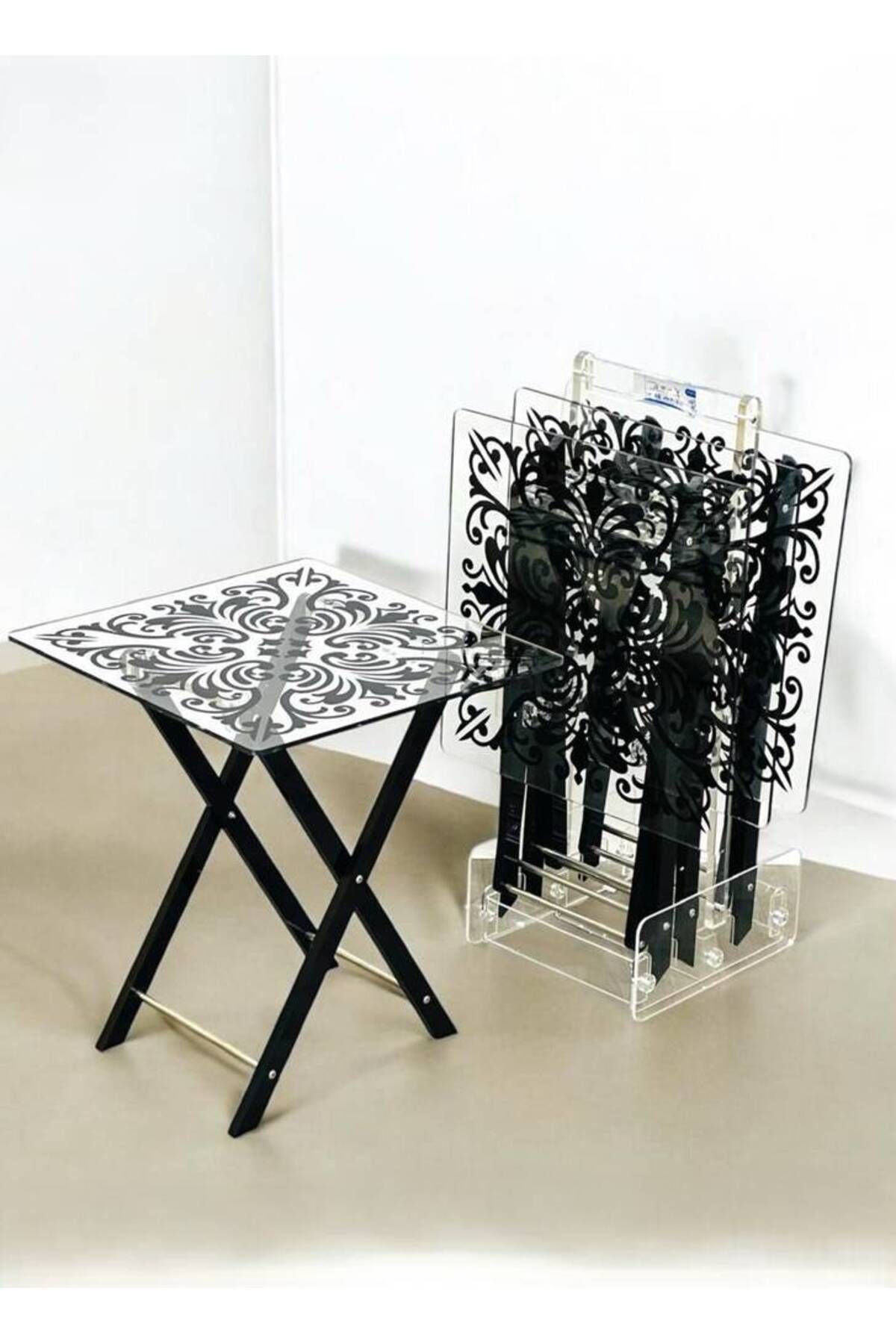 Al Saada Home-طقم طاولة قهوة أكريليك متداخلة، 4 قطع، أسود مع حامل 2