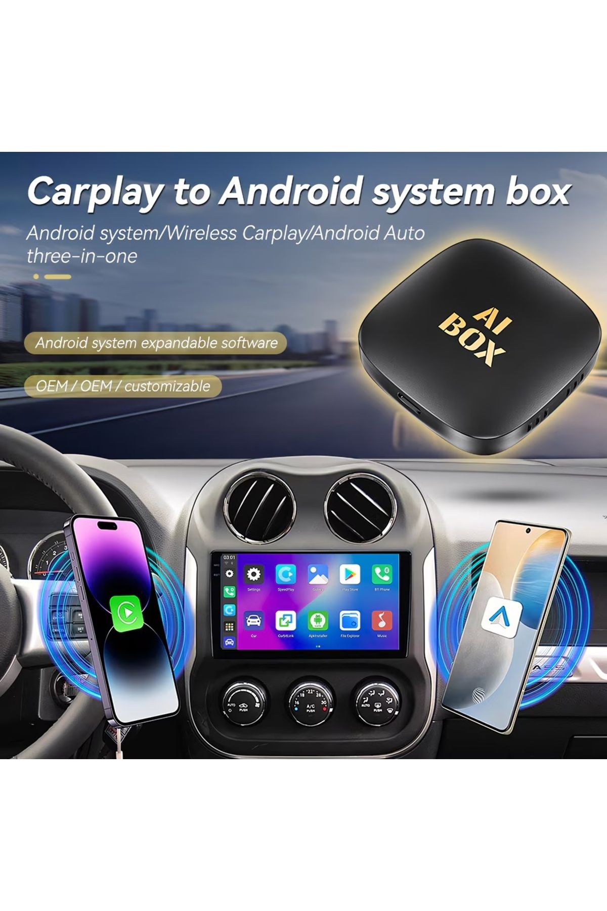 OEM-Adaptor Auto Wireless CarPlay și Android Auto, AI Box Android 13, Netflix și YouTube, 2+32 GB, GPS, pe 3