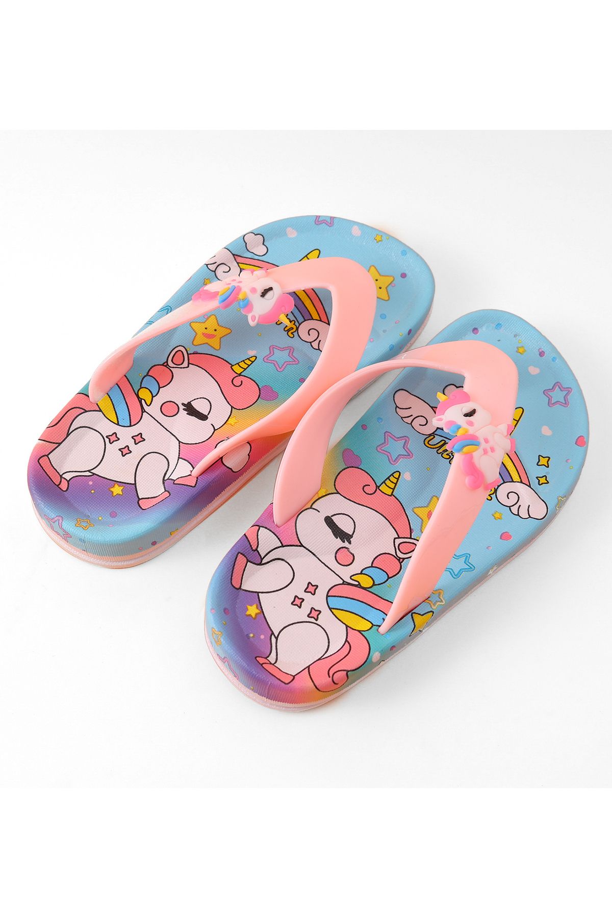 SAPS-Unicorn Print Slip On Flip Flops - Blue 4