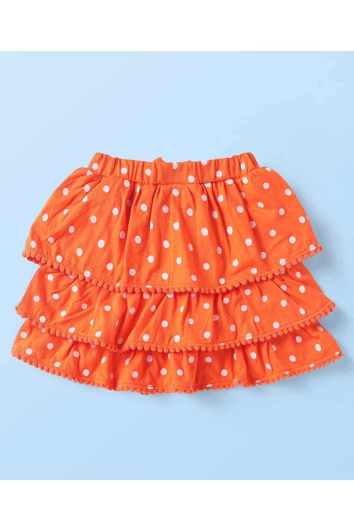 Babyhug-Top & Skirt Set with Bird and Polka Dots Print & Bow Applique - Orange & White 5
