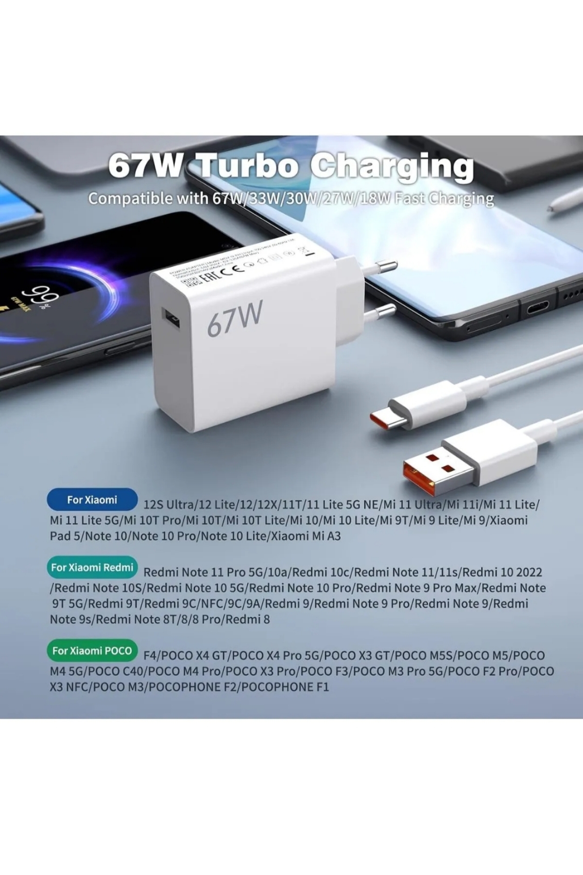tharwa Xiaomi Redmi Note 13 pro uyumlu 67 Watt hızlı şarj aleti