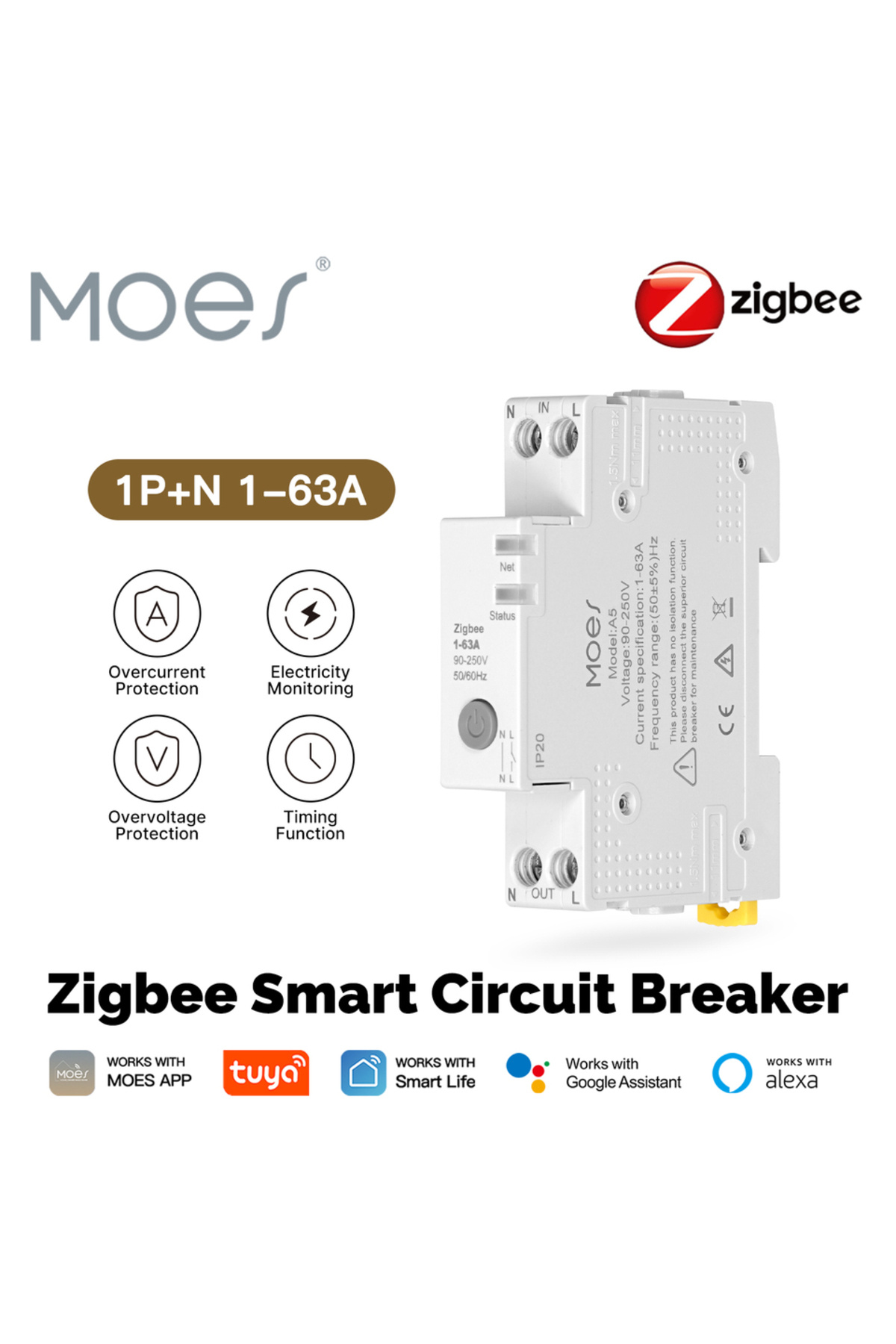 MOES-Tuya Zigbee Smart Circuit Breaker 63A with Alarm Threshold Set Fireproof Retardant Electrici... 1