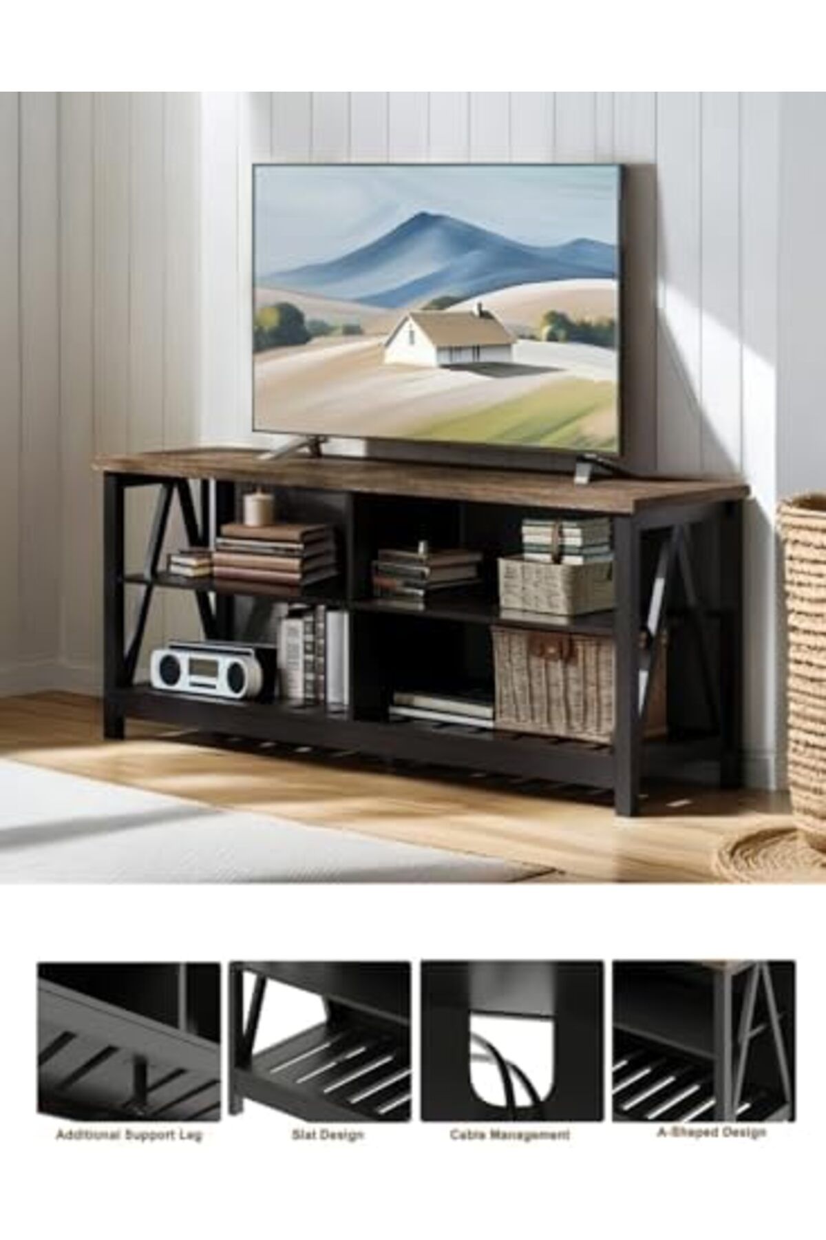 AGD-Television Console Up to 55 Inches, Rustic Design with Open Shelves for Living Room and Bedroom 3