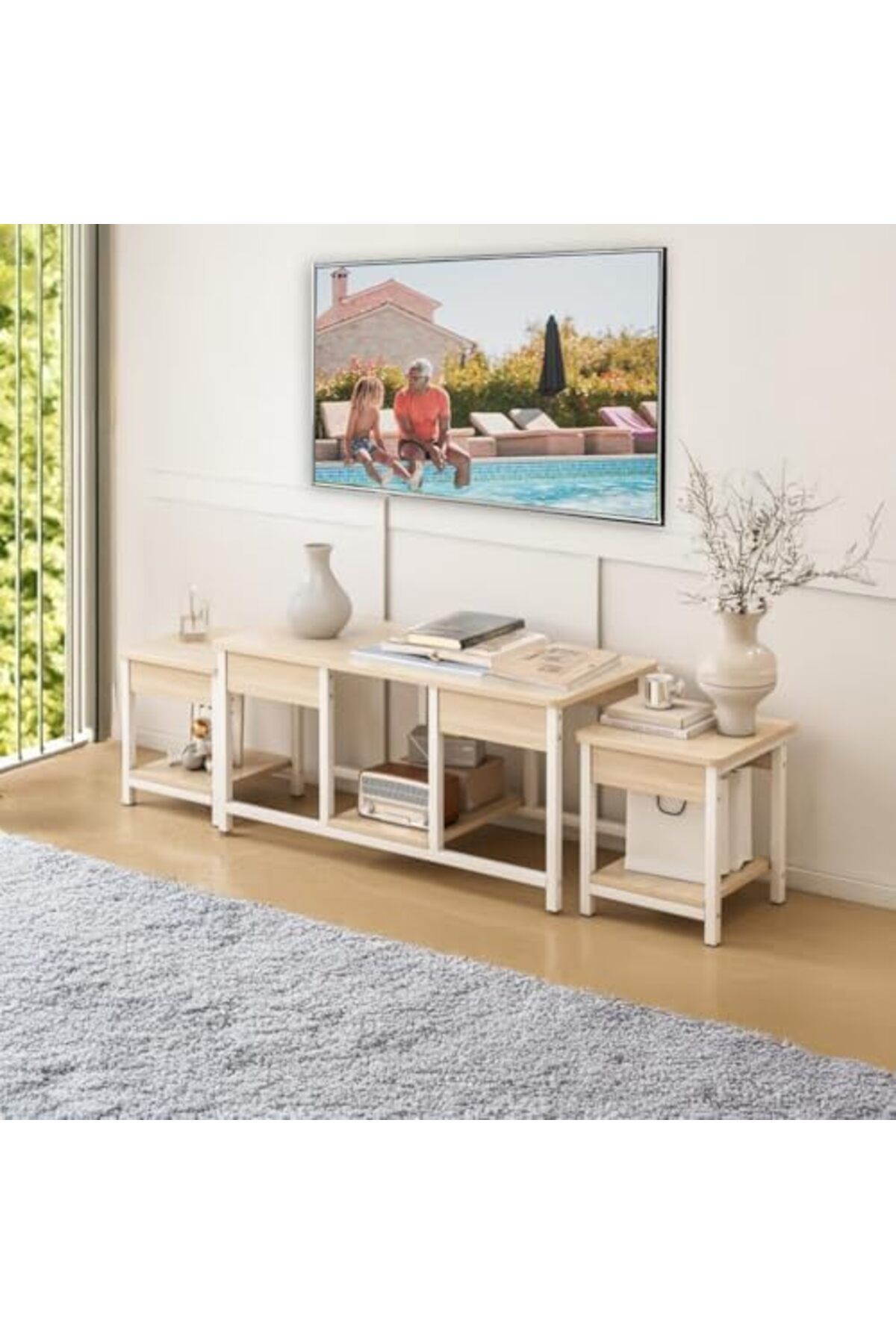 AGD-Stackable 3-Piece Coffee Tables Set, Side Tables for Living Room & TV Stand, Open Storage/Brown 1