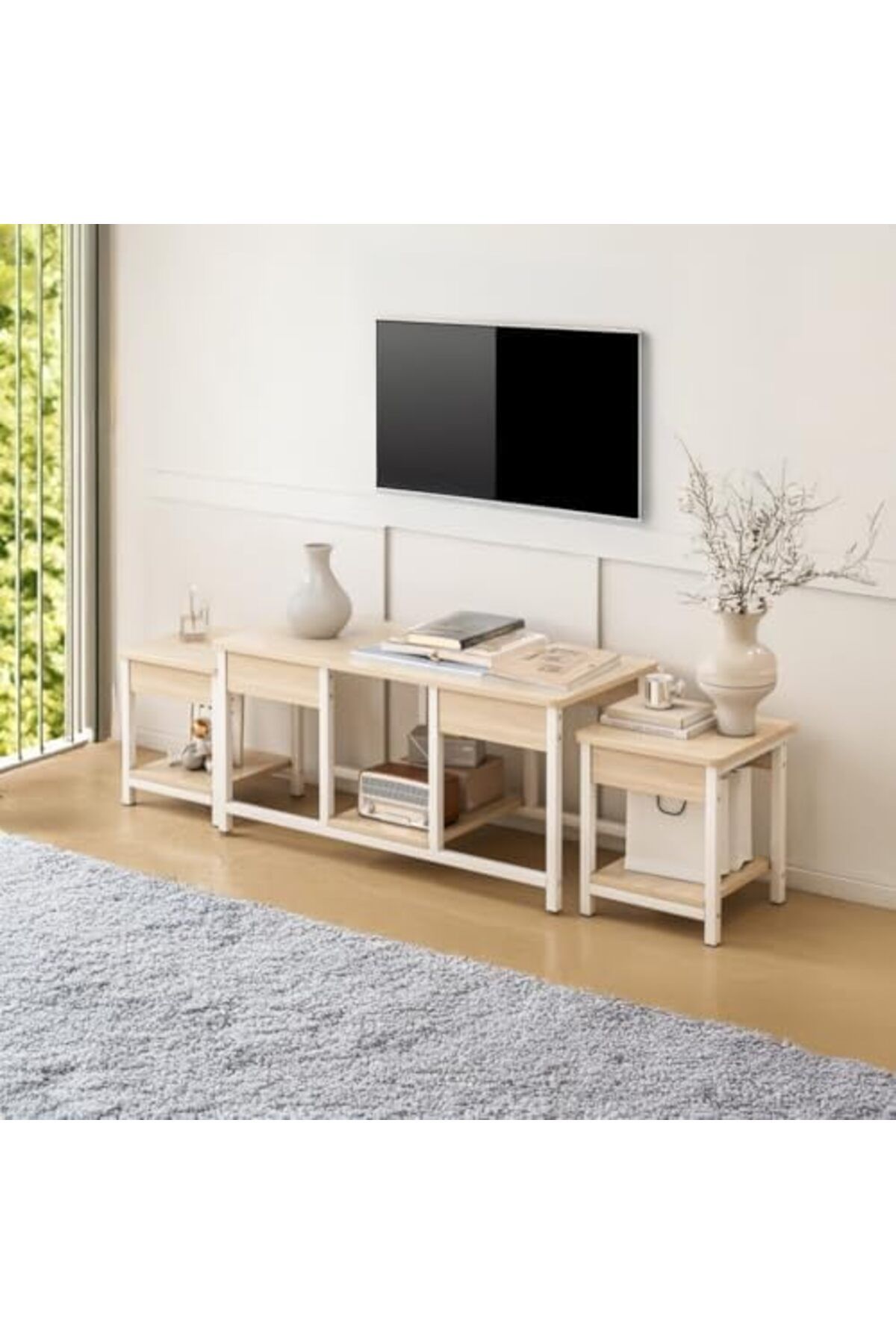 AGD-Stackable 3-Piece Coffee Tables Set, Side Tables for Living Room & TV Stand, Open Storage/Brown 4