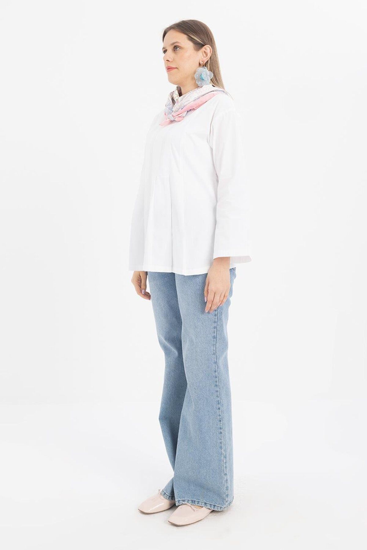 ALLDAY-White-Pleated Hidden Zipper Lycra Blouse 3