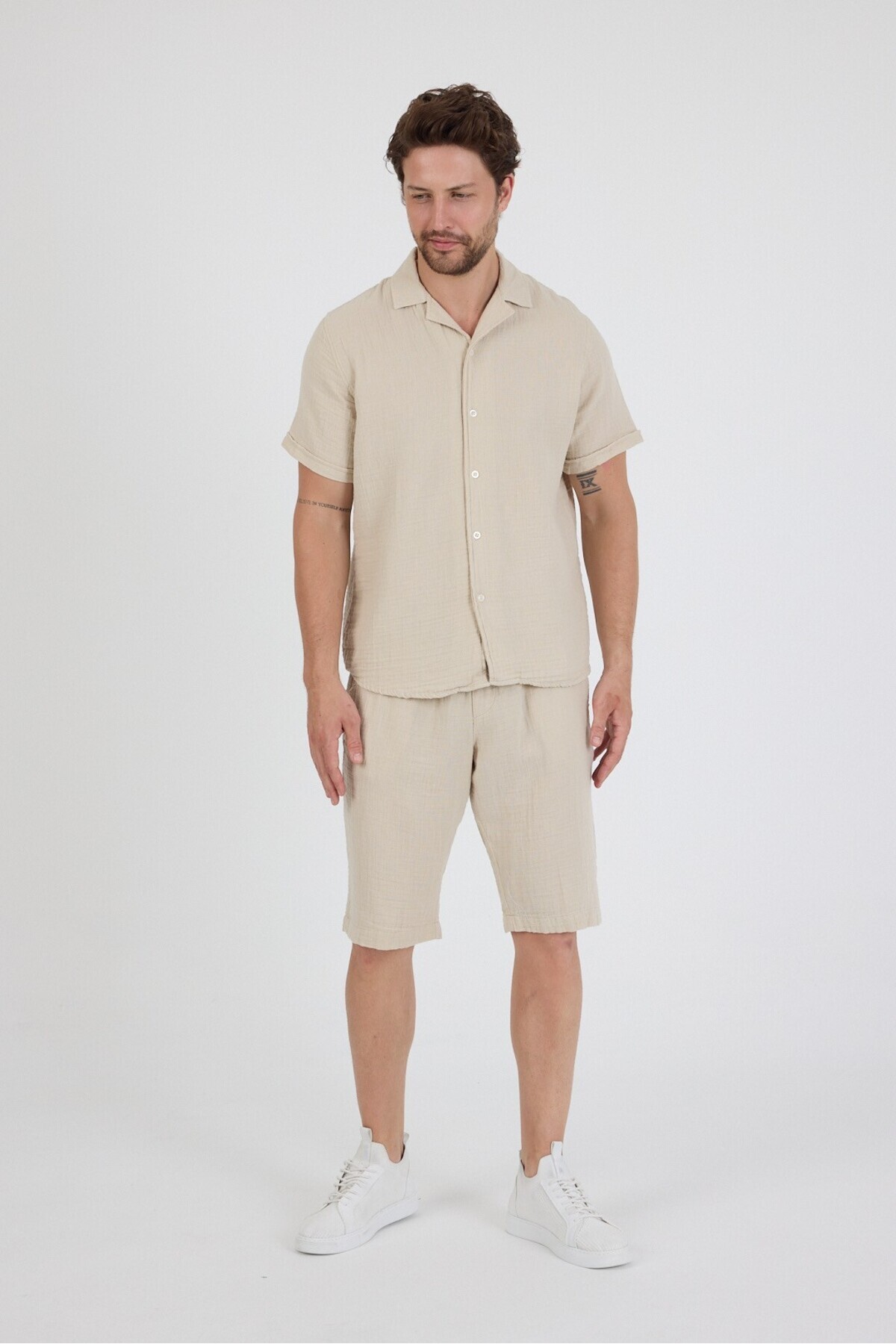 وایز پیراهن مردانه آستین کوتاه طرح کتانی ماسلین، ست ۱۰۰٪ پنبه