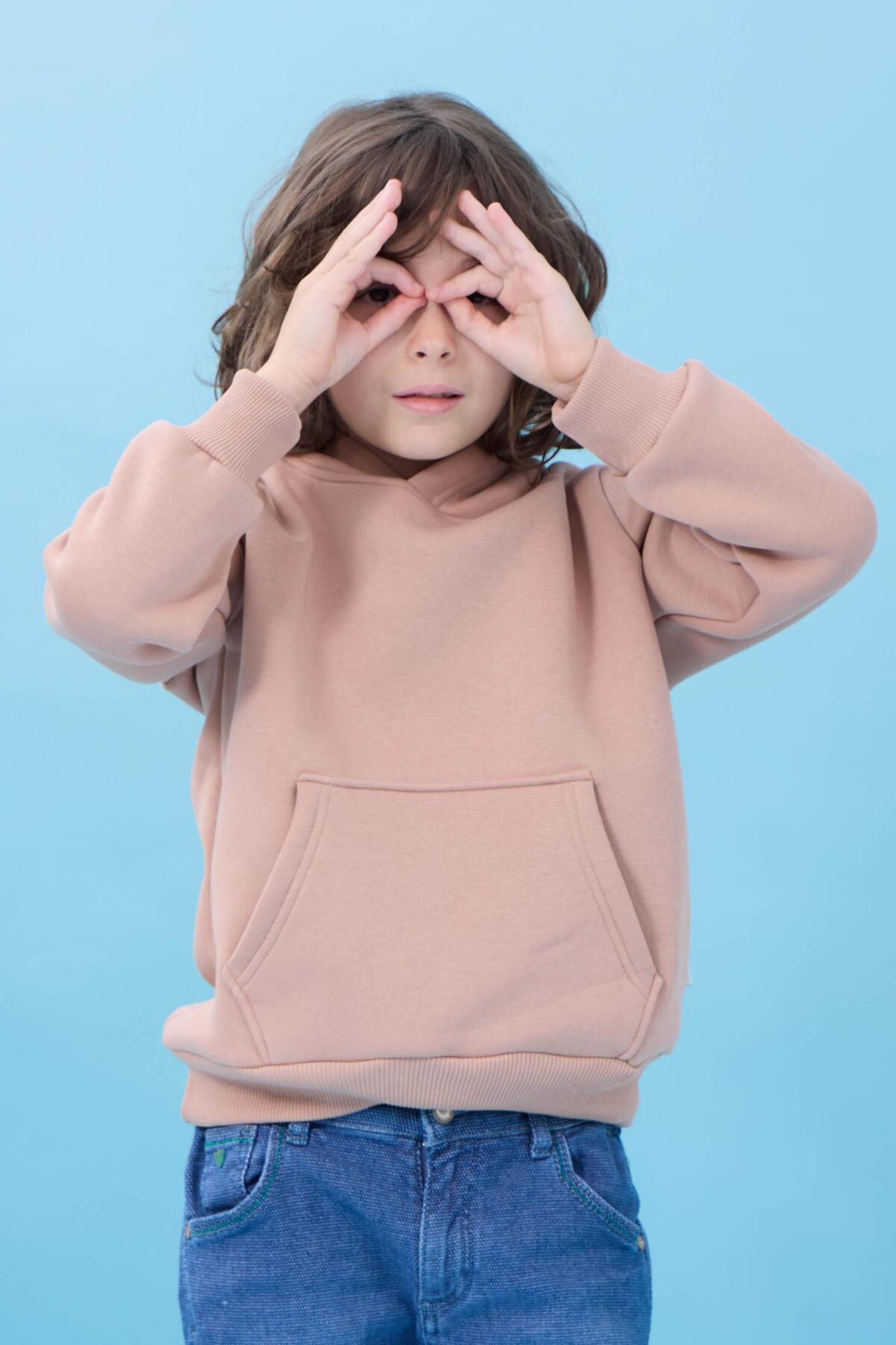 Perendi Unisex Kapüşonlu Kanguru Cepli Şardonlu Kışlık Sweatshirt - Toprak fotoğrafı 7 (önizleme)