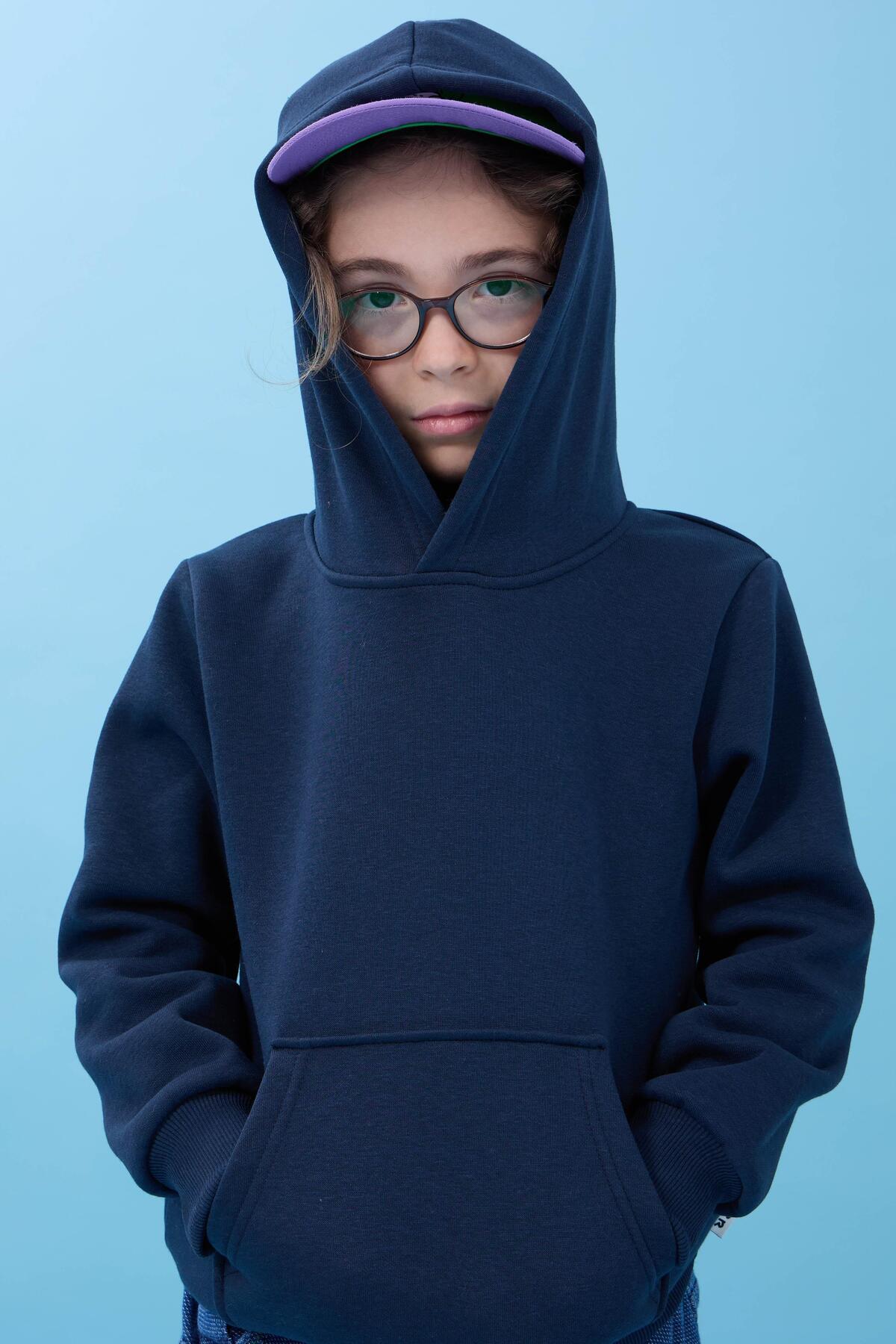 Perendi Unisex Kapüşonlu Kanguru Cepli Şardonlu Kışlık Sweatshirt - Lacivert fotoğrafı 7 (önizleme)