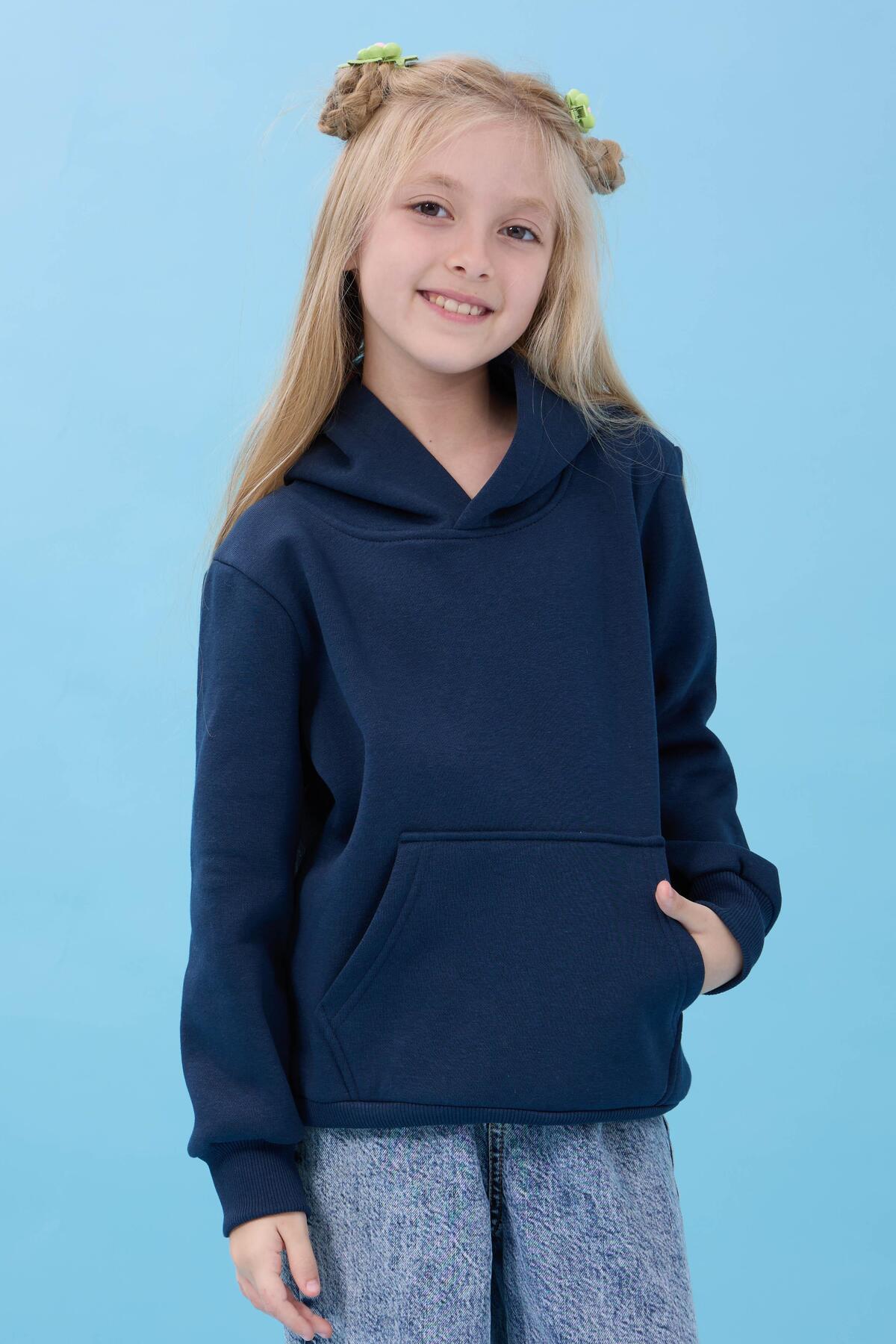 Perendi Unisex Kapüşonlu Kanguru Cepli Şardonlu Kışlık Sweatshirt - Lacivert fotoğrafı 4 (önizleme)