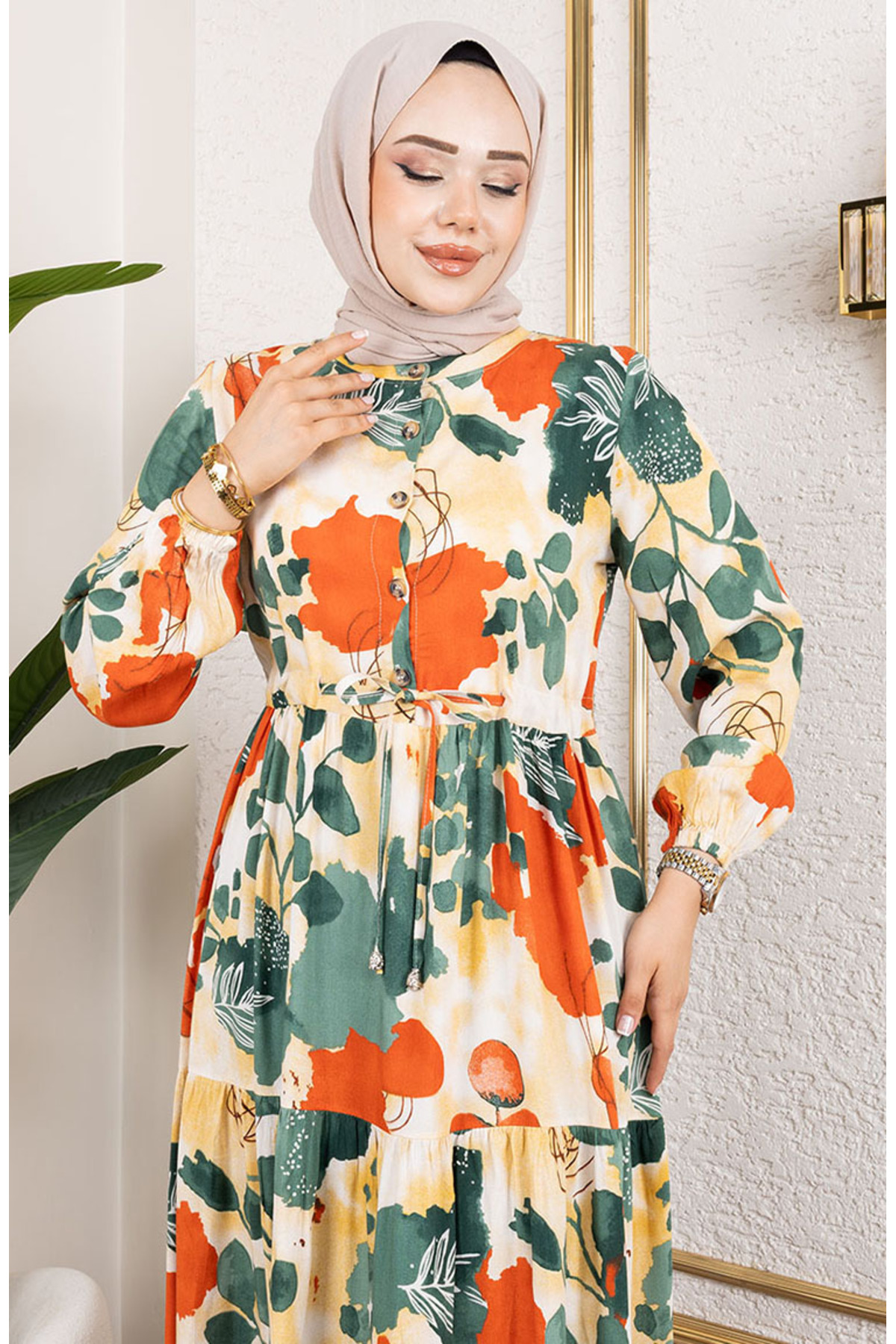 sefamerve  Viskon Kumaş Beli Bağcıklı Elbise 7124-02 Haki - Görsel 3