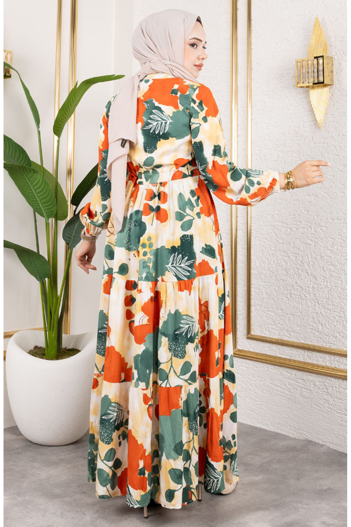 sefamerve  Viskon Kumaş Beli Bağcıklı Elbise 7124-02 Haki - Görsel 4