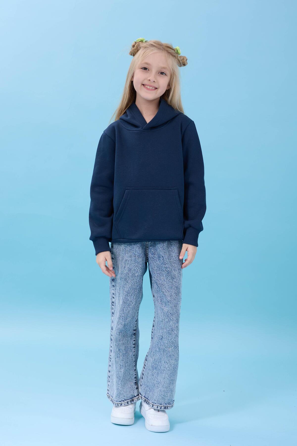 Perendi Unisex Kapüşonlu Kanguru Cepli Şardonlu Kışlık Sweatshirt - Lacivert fotoğrafı 6 (önizleme)