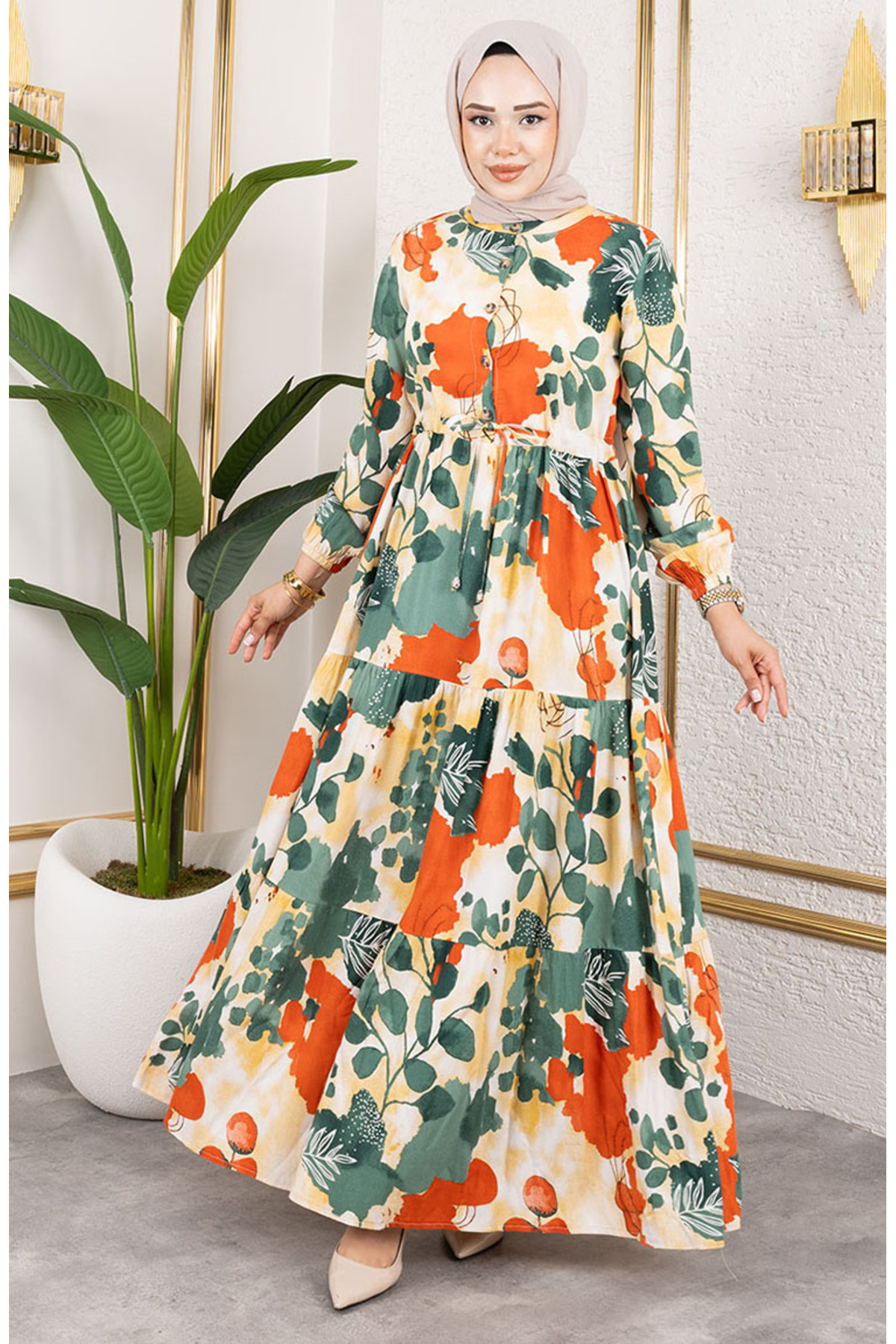 sefamerve  Viskon Kumaş Beli Bağcıklı Elbise 7124-02 Haki