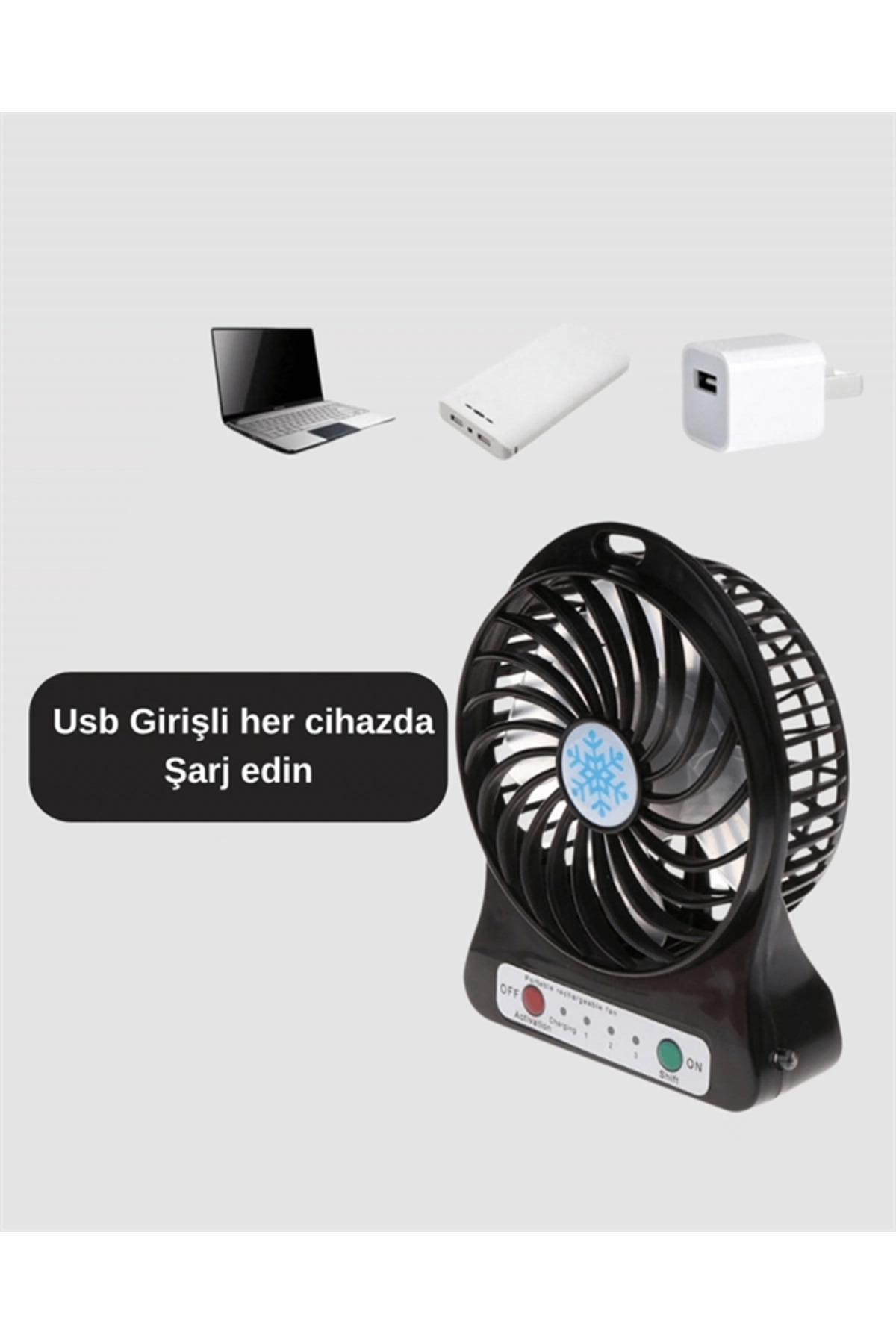 İsmiyle Al Şarjlı USB Fan – Masaüstü Mini Vantilatör, Taşınabilir, Işıklı, 3 Kademeli, Sessiz