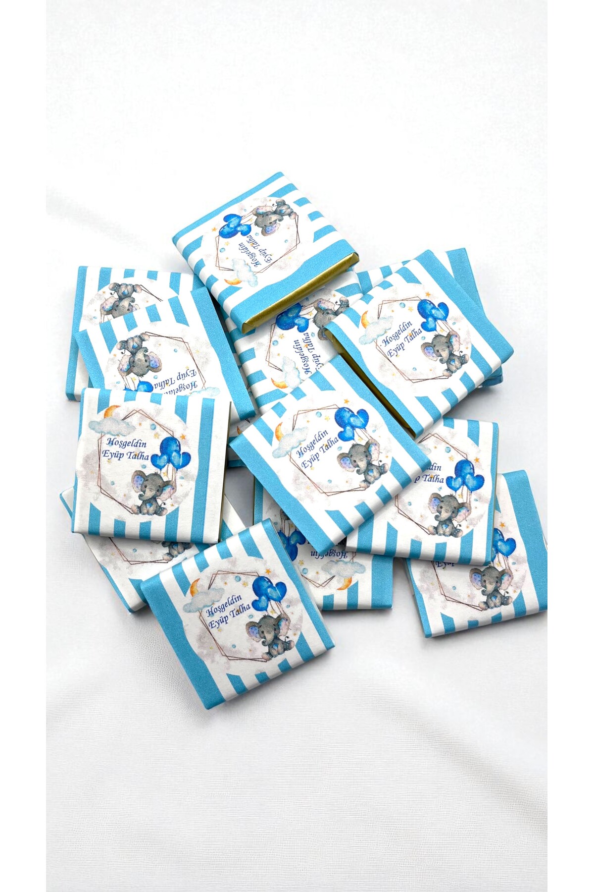 Popy Gift Chocolate 100 Adet Mavi Balon Tutan Fil Temalı İsme Özel Hoşgeldin Erkek Bebek Doğum Günü Hediyelik Çikolata fotoğrafı 4 (önizleme)