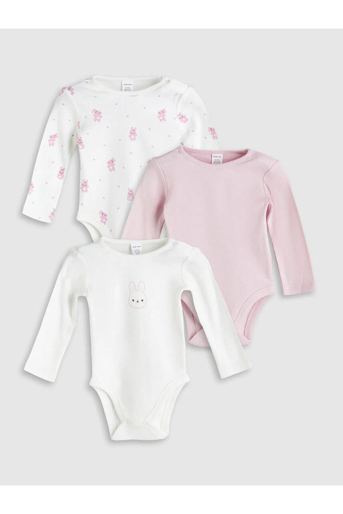 ال سی وایکیکی بادی نوزادی دخترانه یقه گرد طرح دار، سه تکه (W5)