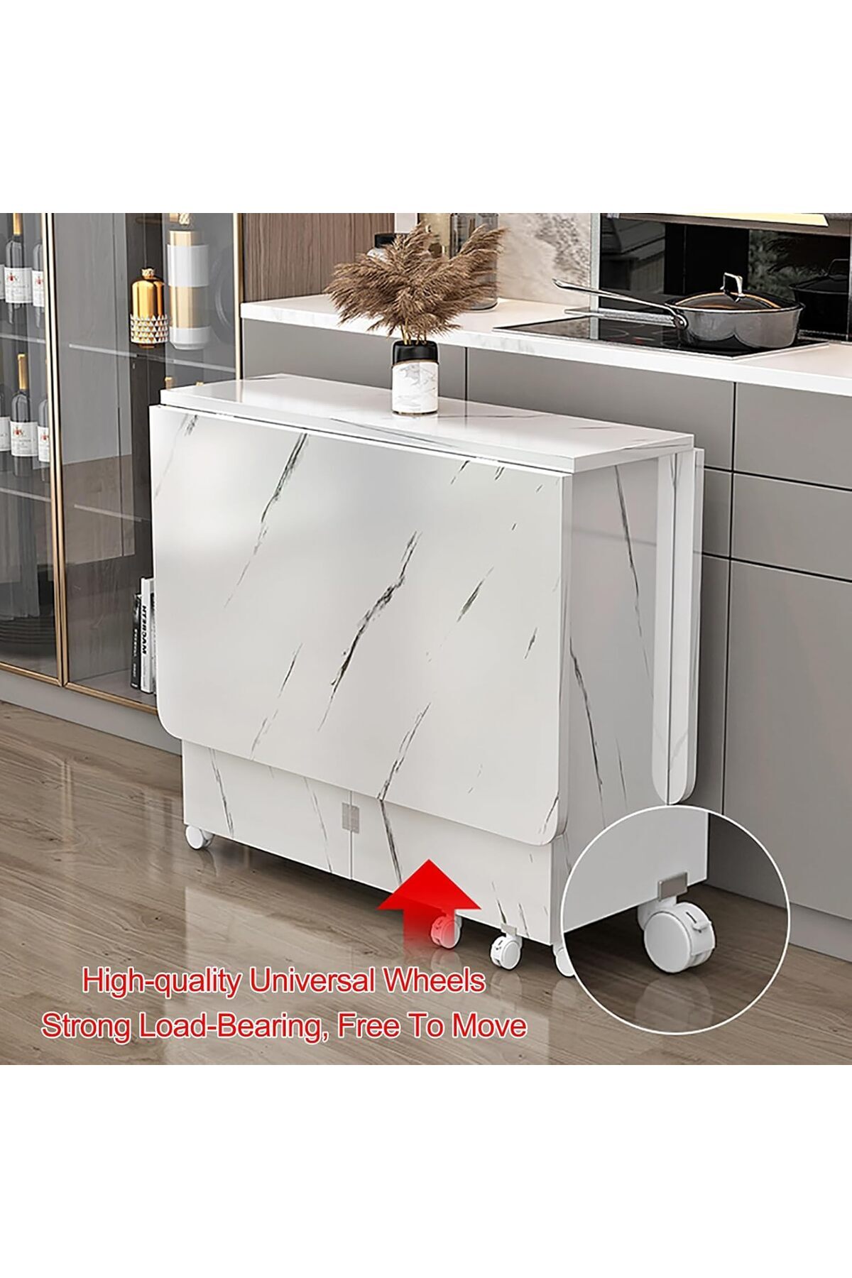 Türkiye-Folding Dining Table with Storage, Rolling Drop Leaf Table with Open Shelf and 6 Wheels 5