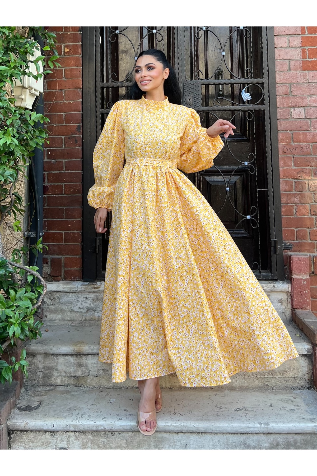 KÜÇÜĞÜM BUTİK  Tesettür Sarı Papatya Poplin Kloş Elbise