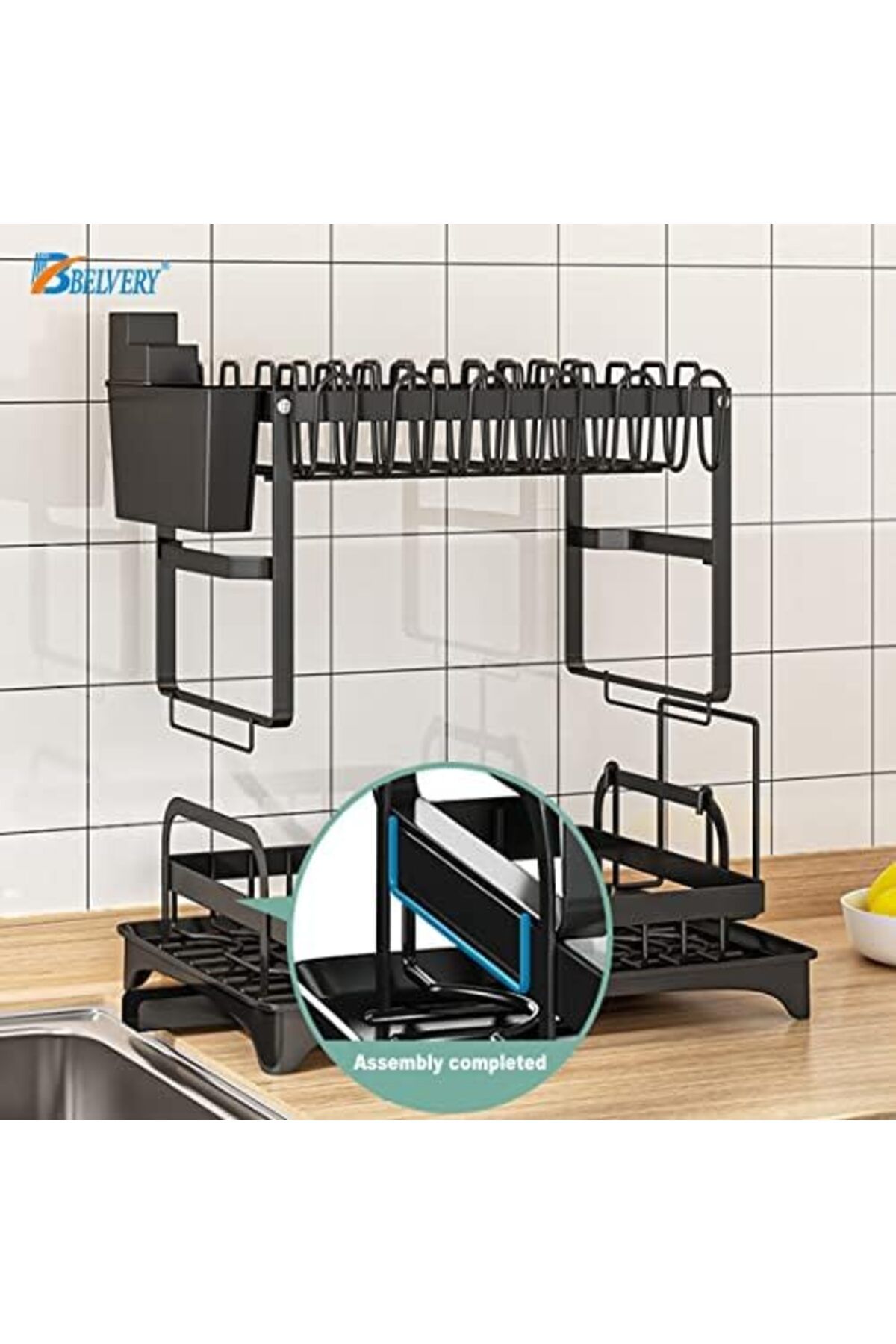 Türkiye-Foldable 2 Tiers Dish Drying Stand With Rotatable Drainage System Large Kitchen Dish Rack Scratch Re 4
