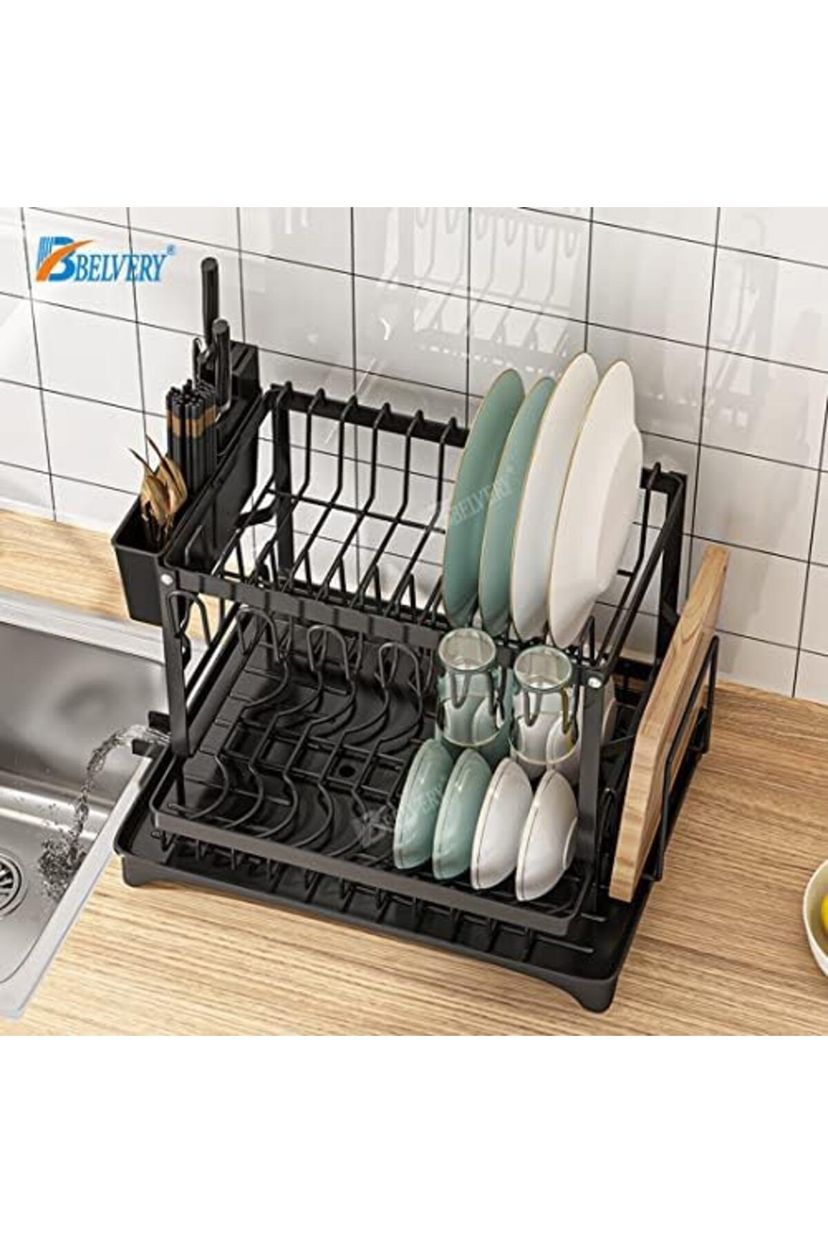 Türkiye-Foldable 2 Tiers Dish Drying Stand With Rotatable Drainage System Large Kitchen Dish Rack Scratch Re 3