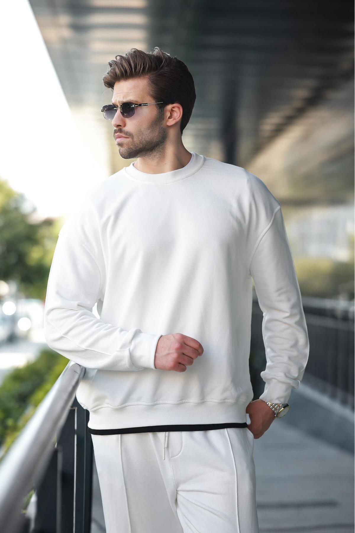 Madmext-Ecru Crew Neck Basic Men's Tracksuit Set E7323 4