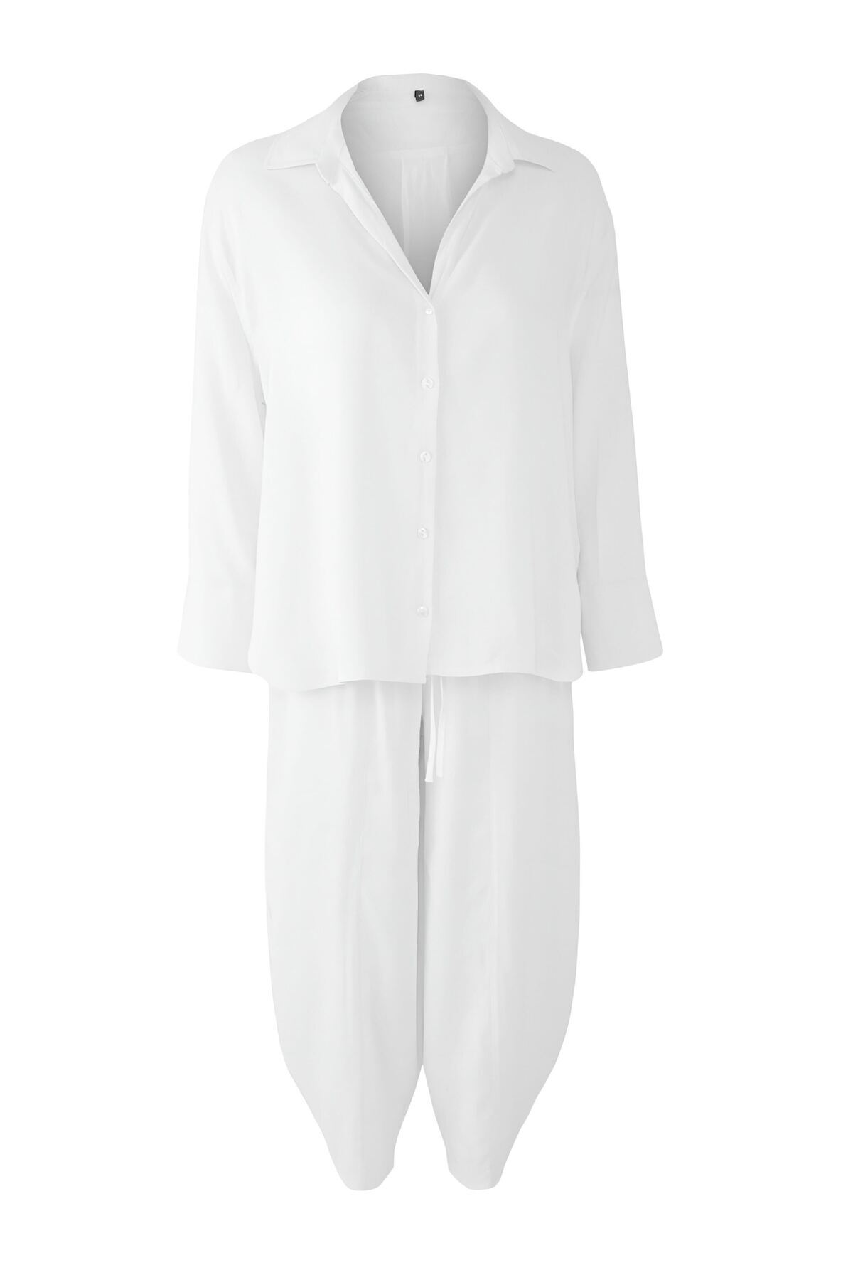 Trendyolmilla  Beyaz Gömlek Ve Beli Lastikli Pantolon Keten Görünümlü Dokuma Alt - Üst Takım TWOSS25AU00120 - Görsel 6
