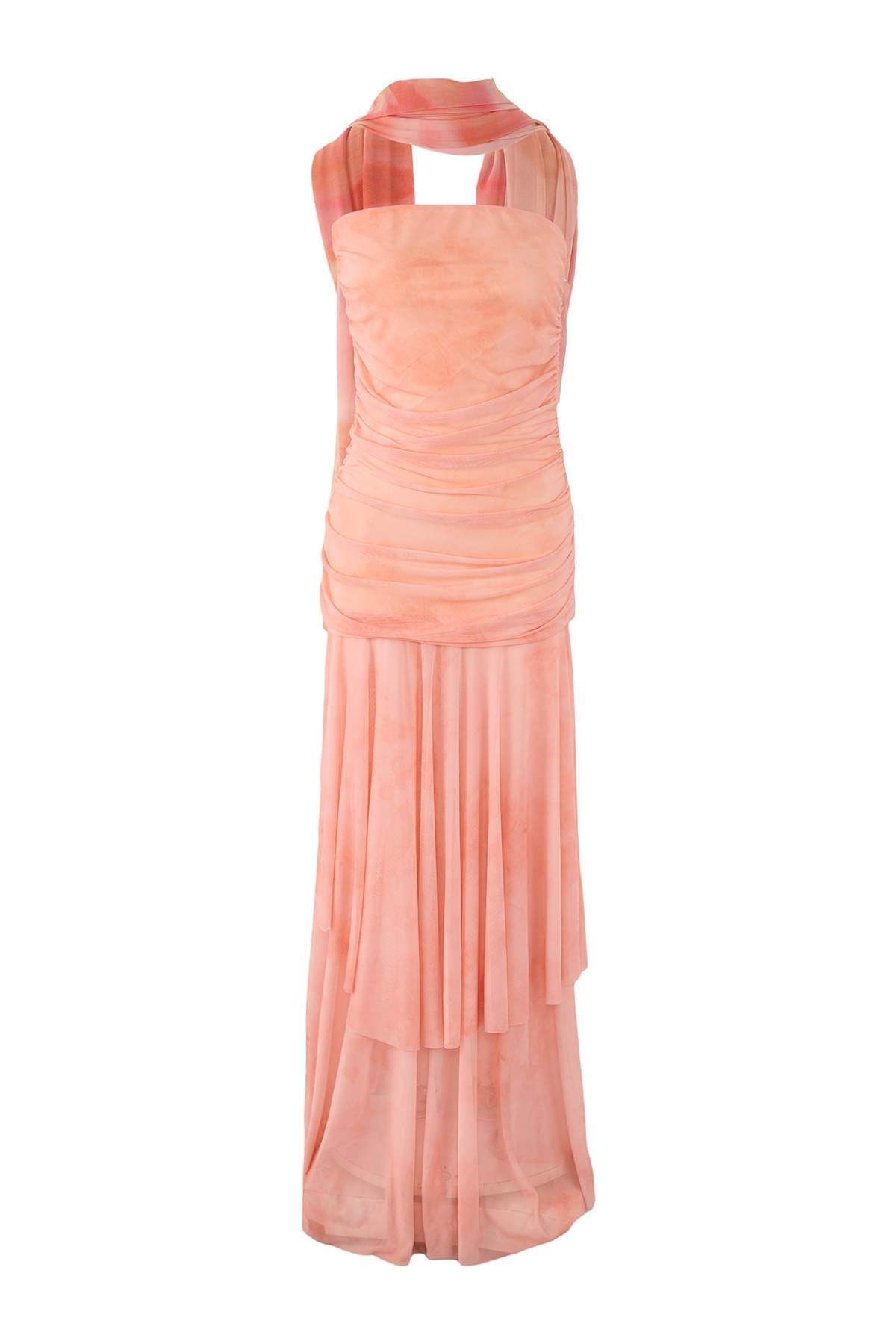 Trendyol Collection Růžovo-vícebarevné šátkové detailní podšité večerní šaty TPRSS25AE00193