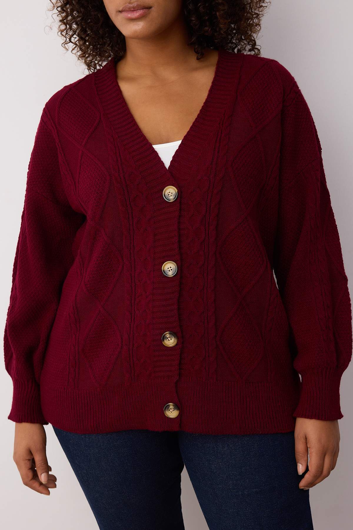 Trendyol Curve Burgundowy dzianinowy kardigan z dekoltem w serek i guzikami TBBAW23AV00085