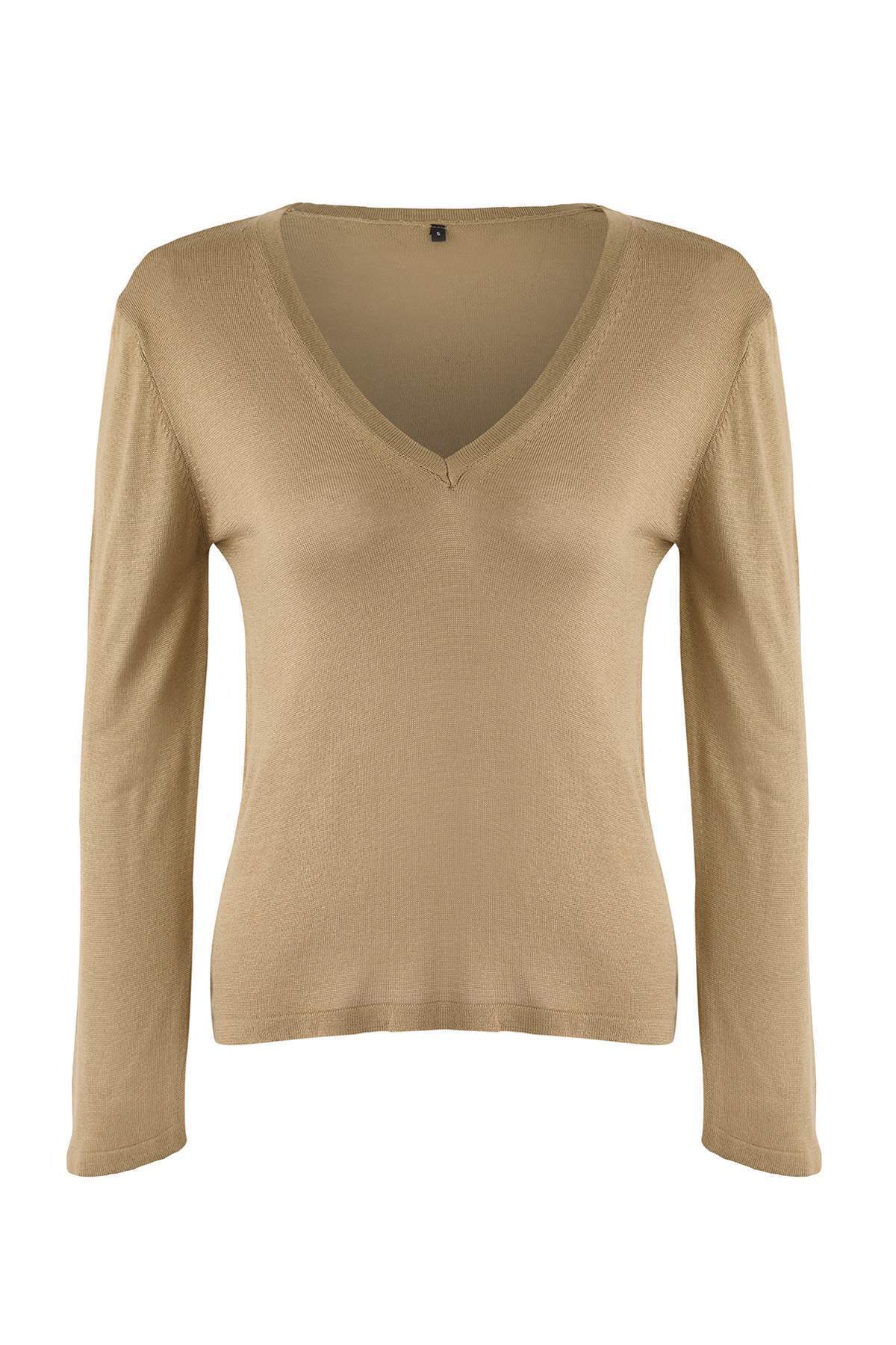 Trendyolmilla  Vizon V Yaka Basic Triko Kazak | TWOAW26KZ00101 - Görsel 5