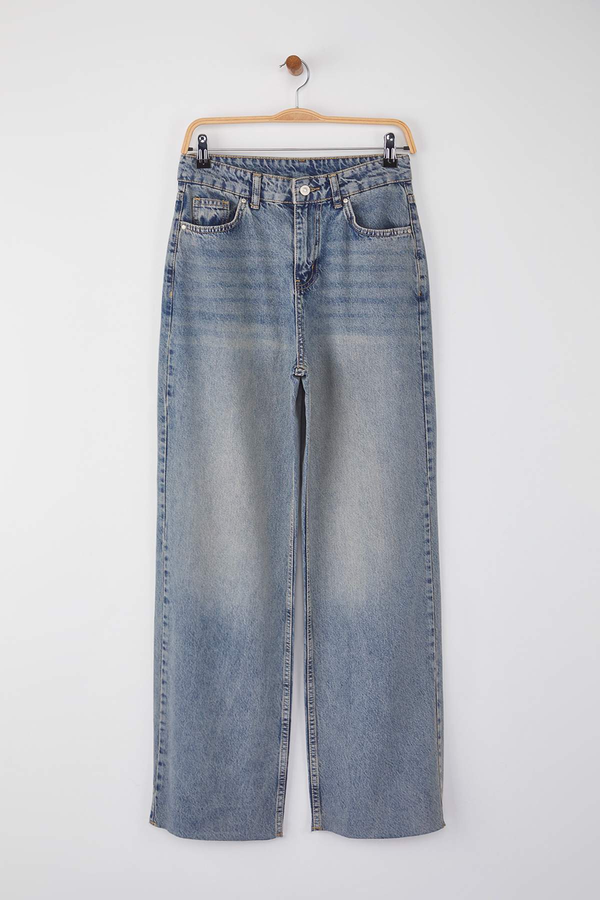 Trendyolmilla  Mavi Yüksek Bel Paçası Kesikli Geniş Paça Wide Leg Jeans TWOAW26JE00089 - Görsel 5