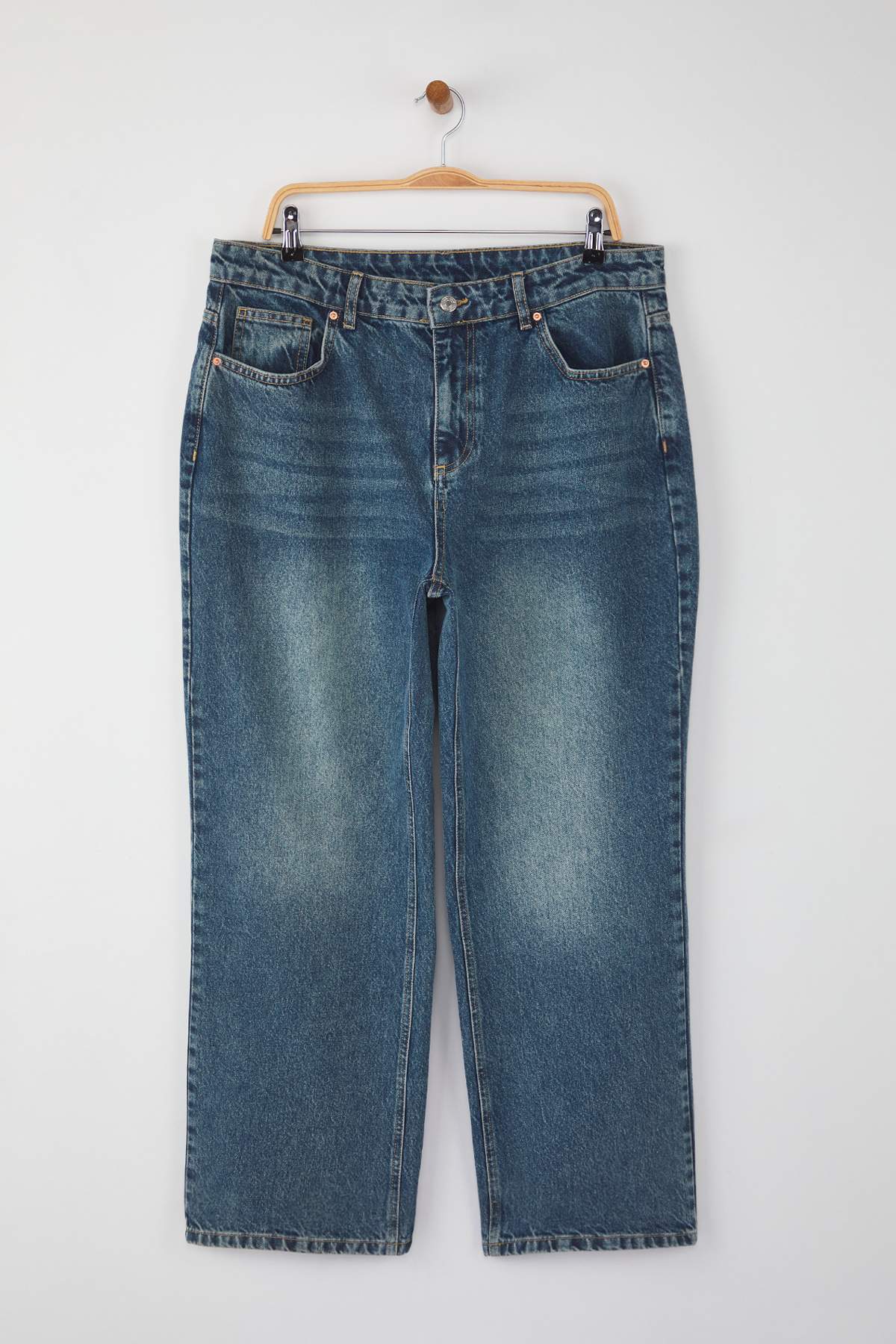 Trendyolmilla  Mavi Soluk Efekt Vintage Yüksek Bel Geniş Paça %100 Pamuk Non-Stretch Wide Leg Jeans TBBAW26CJ00002 - Görsel 5