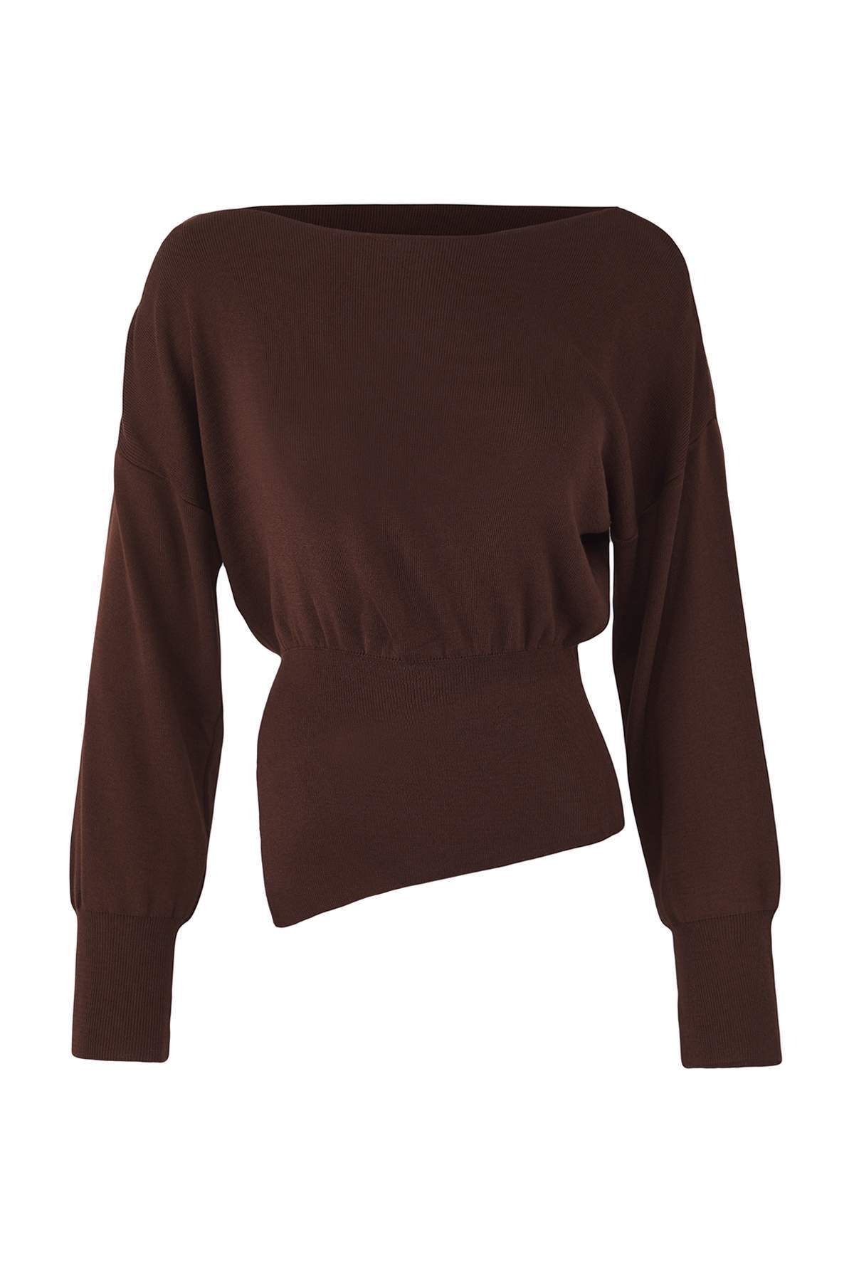 Trendyolmilla  Kahverengi Merserize Görünümlü Kayık Yaka Yırtmaç Detaylı Triko Kazak TWOAW26KZ00086 - Görsel 5