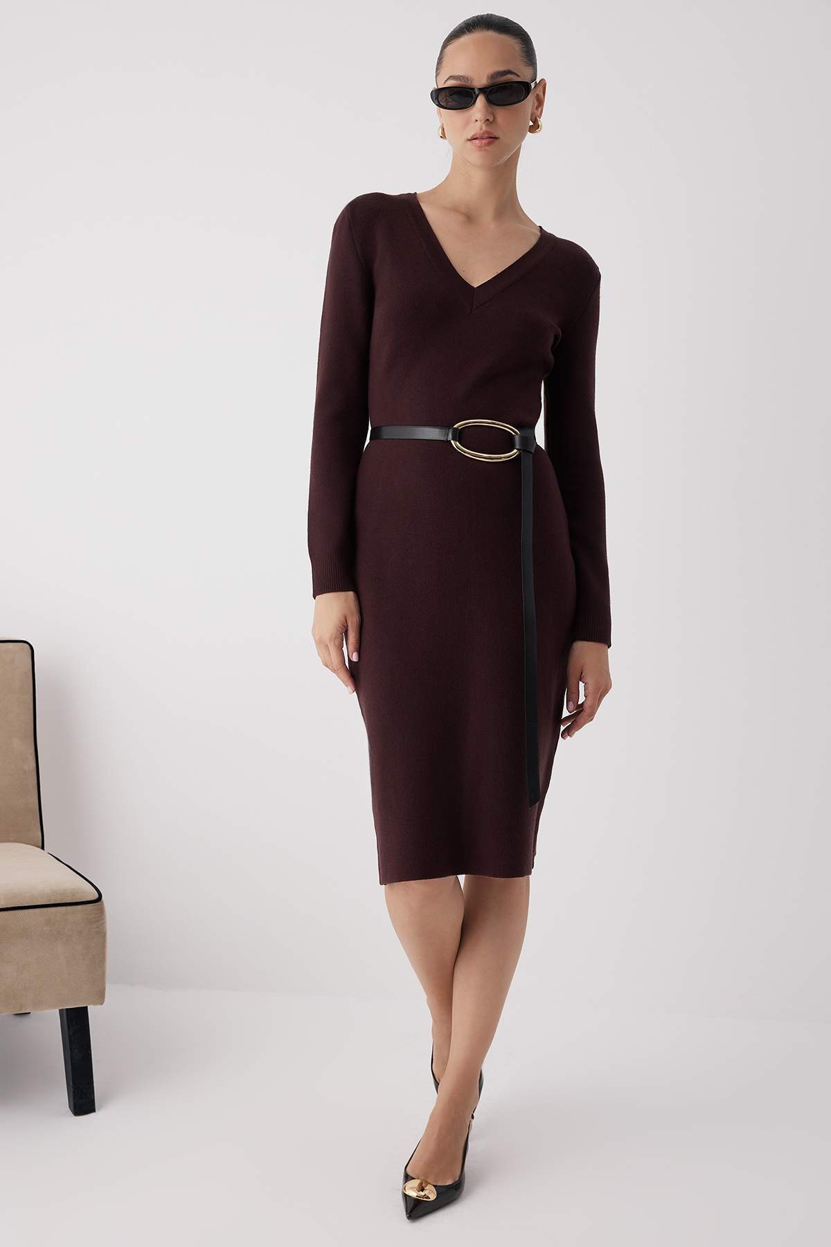 Trendyolmilla Wardrobe Essentials Kahverengi Premium/Özel İplikli Midi Triko Elbise | TWOAW26EL00007