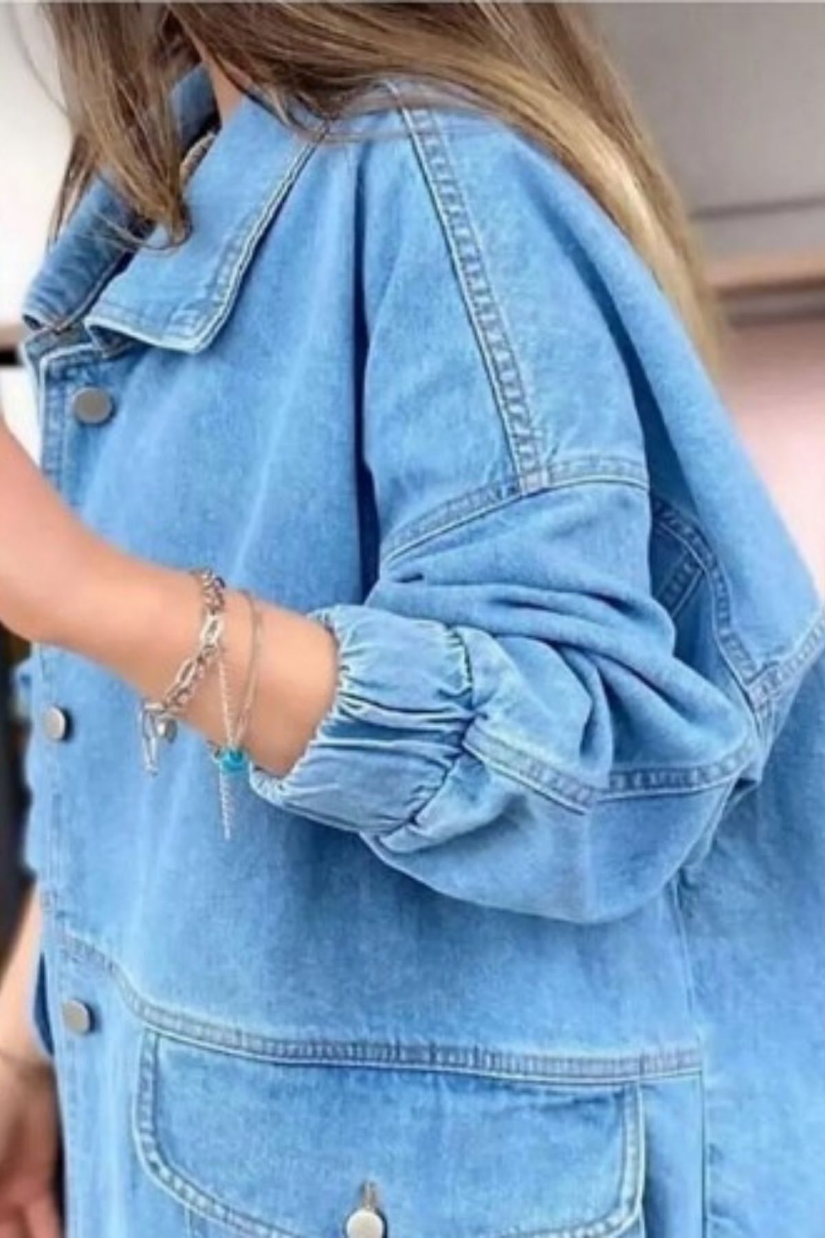 hanope  Kadın Mavi Oversize Kot Ceket 00150 - Görsel 4