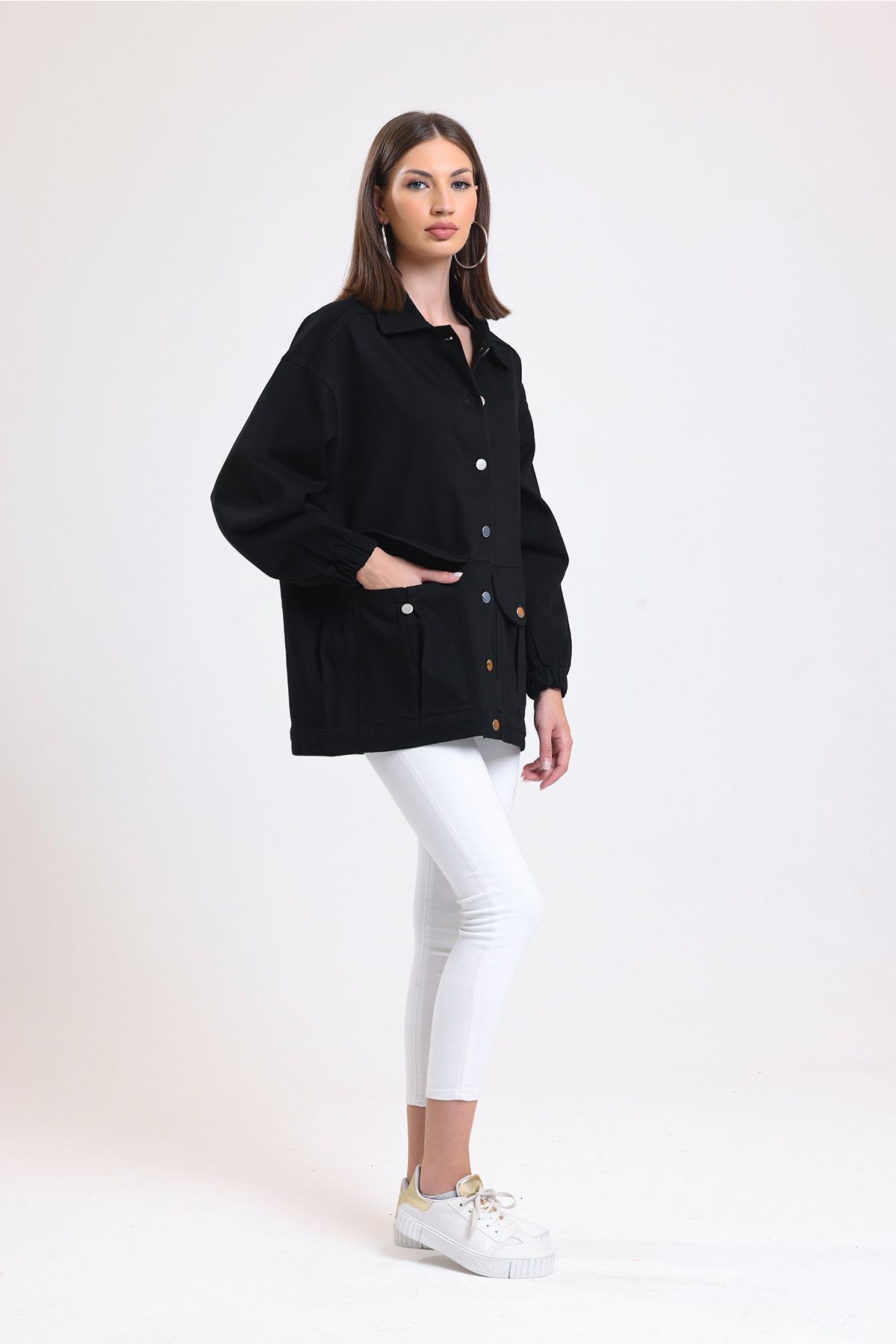 hanope  Kadın Siyah Oversize Kot Ceket 00150 - Görsel 4