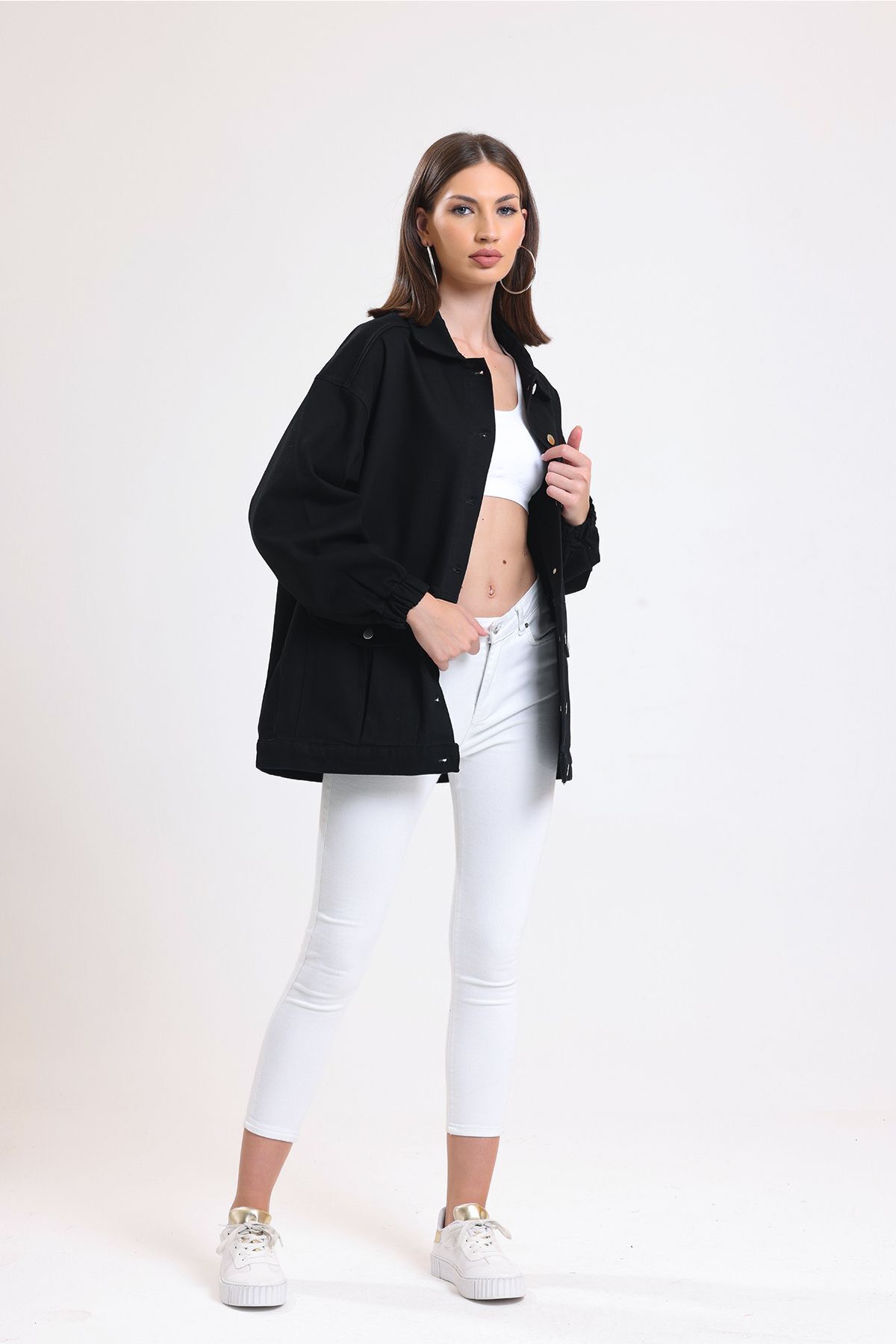 hanope  Kadın Siyah Oversize Kot Ceket 00150 - Görsel 6