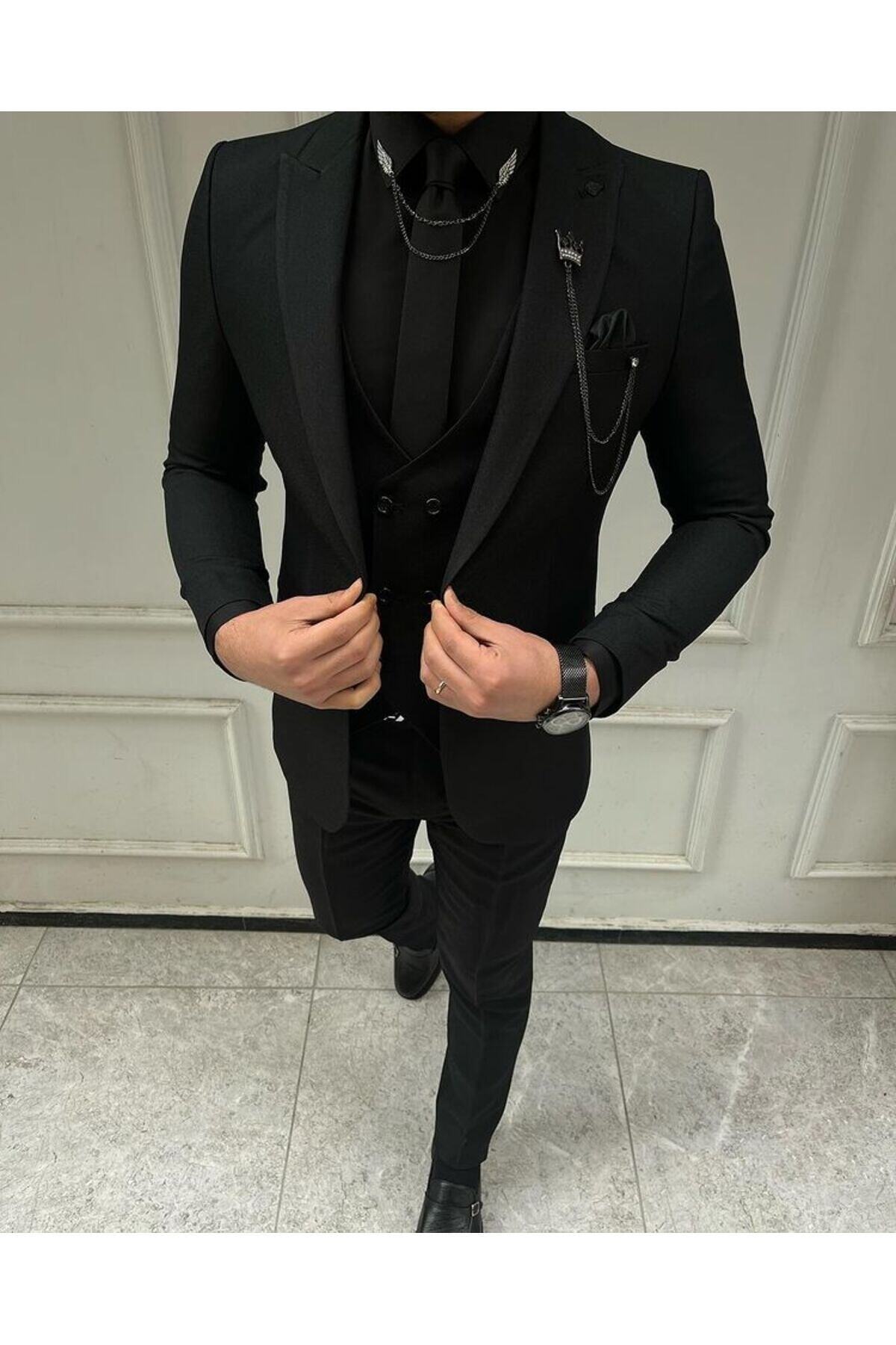 Slim Fit Dar Kesim Yelekli Takım Elbise — مشکی SASASAT7