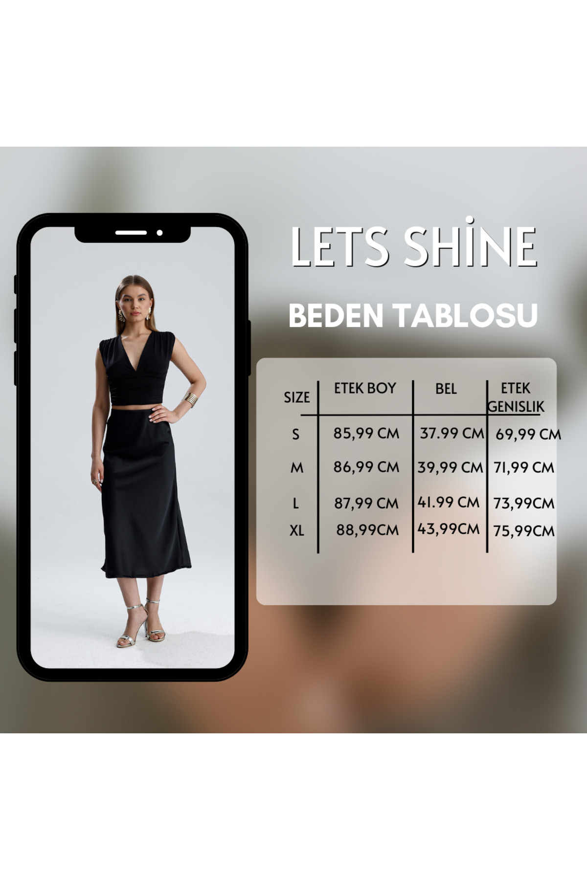 let s shine  Kadın Yüksek Bel Saten Midi boy Etek - Görsel 2