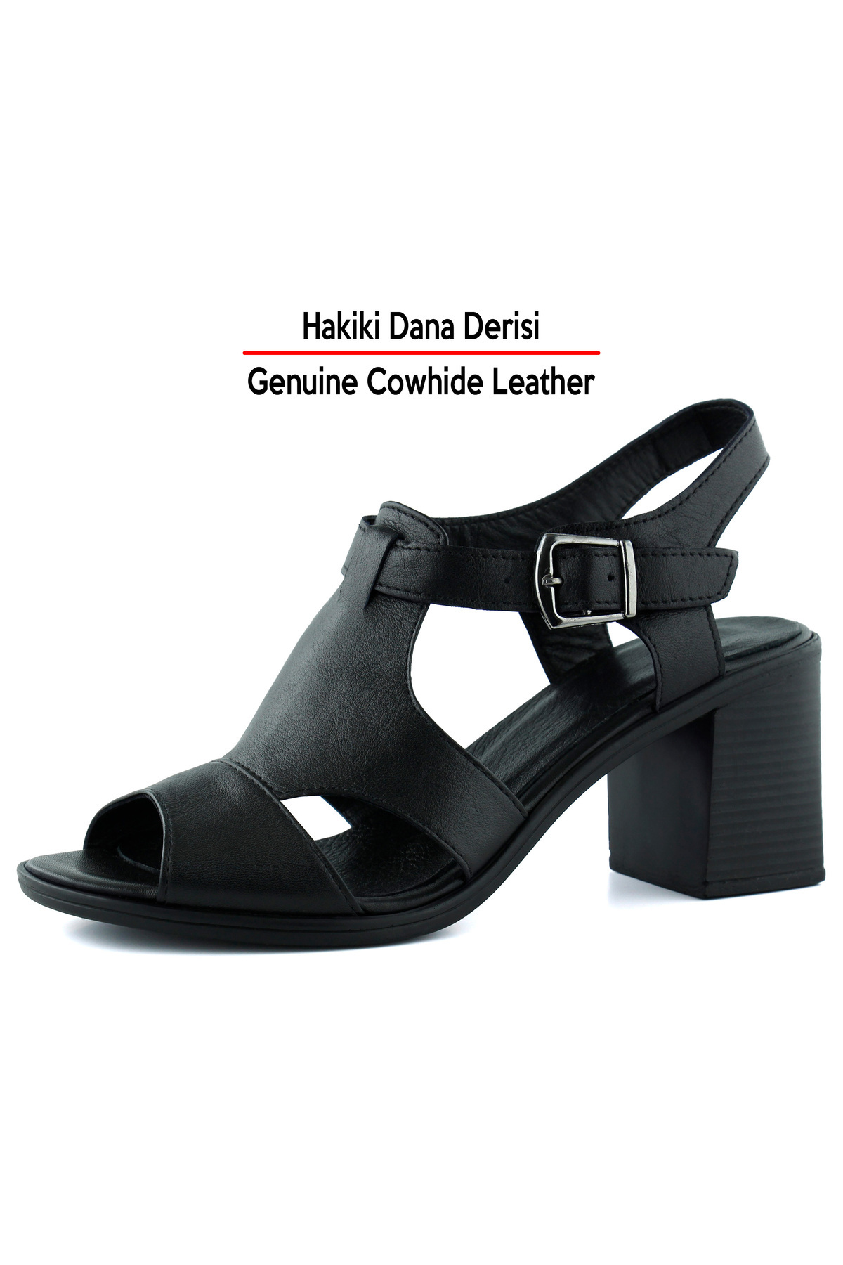 Erkan Saçmacı  Svajone Siyah Hakiki Dana Derisi Kesik Detaylı Tokalı Kalın Topuklu Rahat Günlük Sandalet - Görsel 4