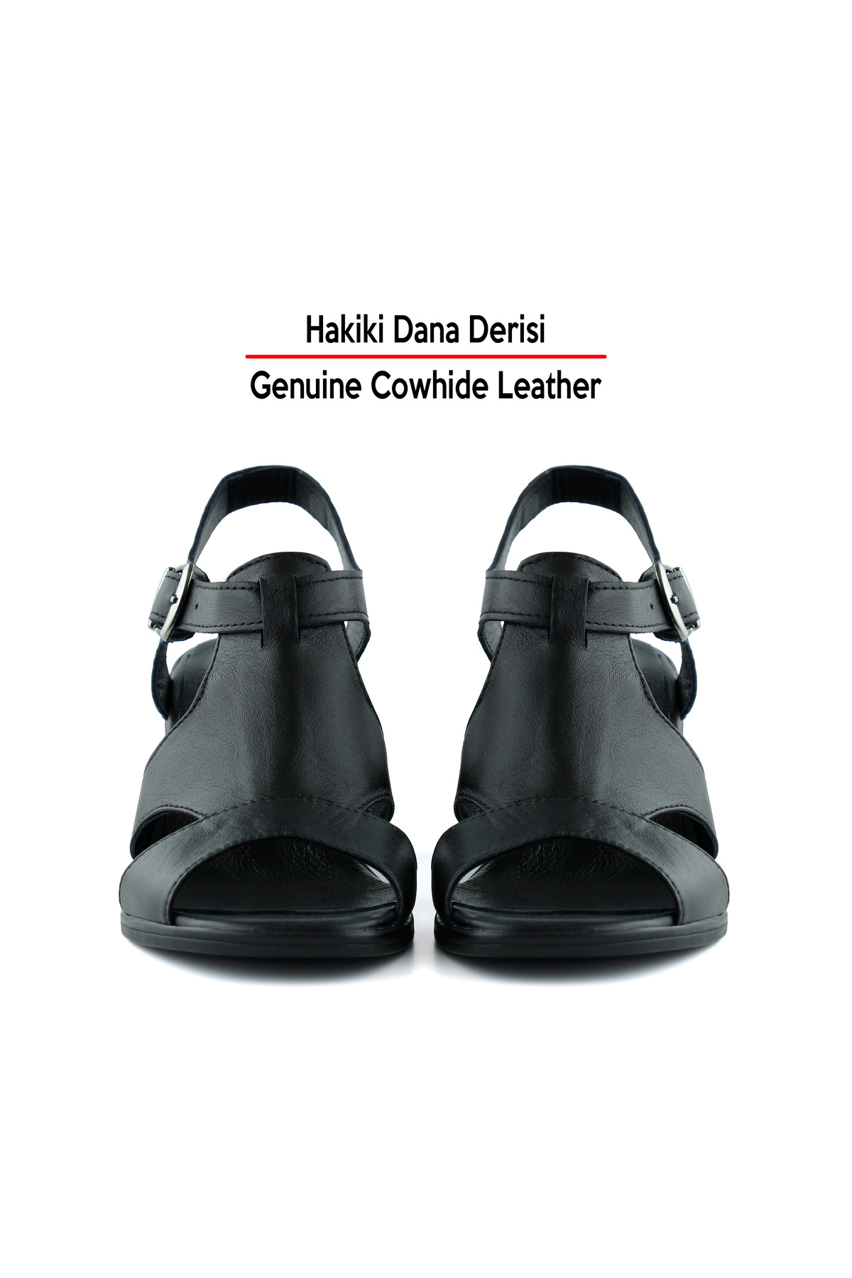 Erkan Saçmacı  Svajone Siyah Hakiki Dana Derisi Kesik Detaylı Tokalı Kalın Topuklu Rahat Günlük Sandalet - Görsel 6