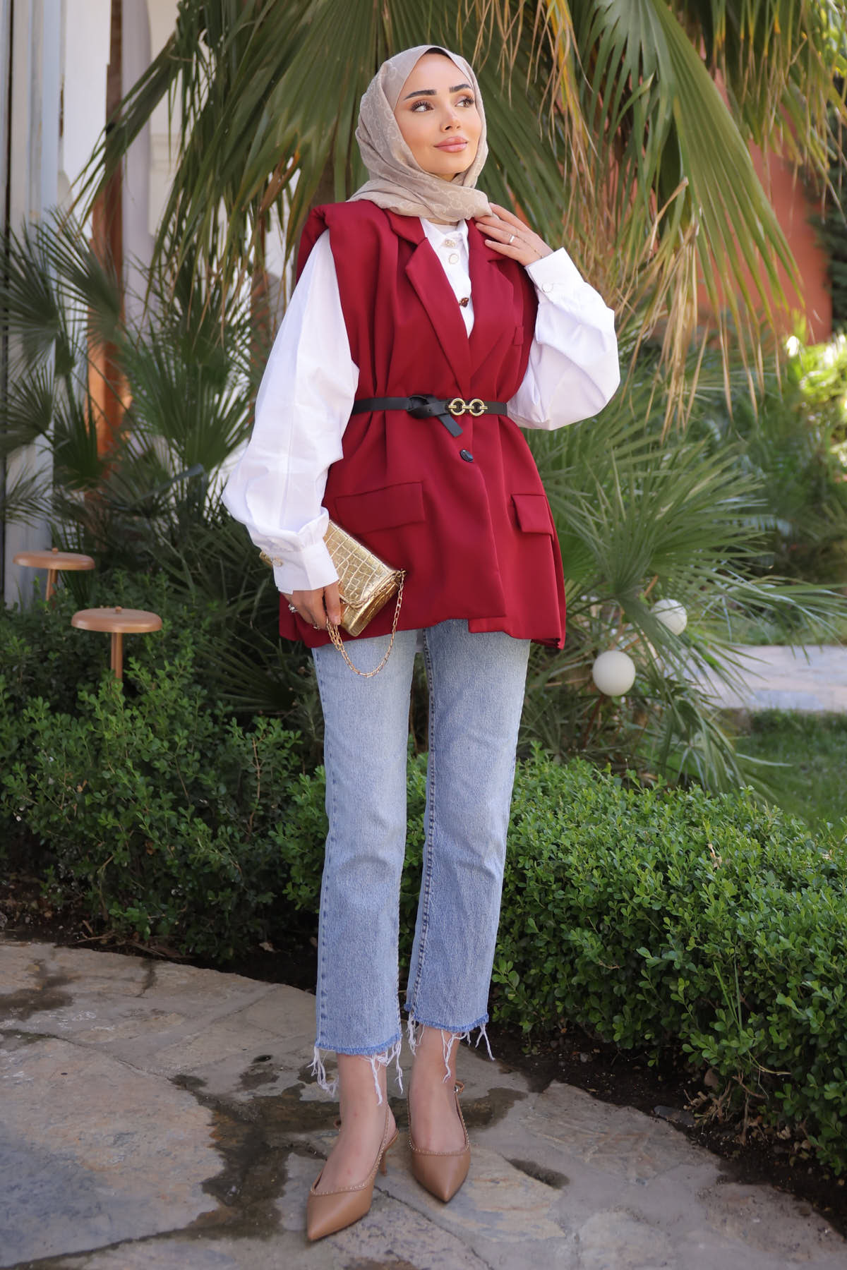 Burgundy Waist Belted Vest
