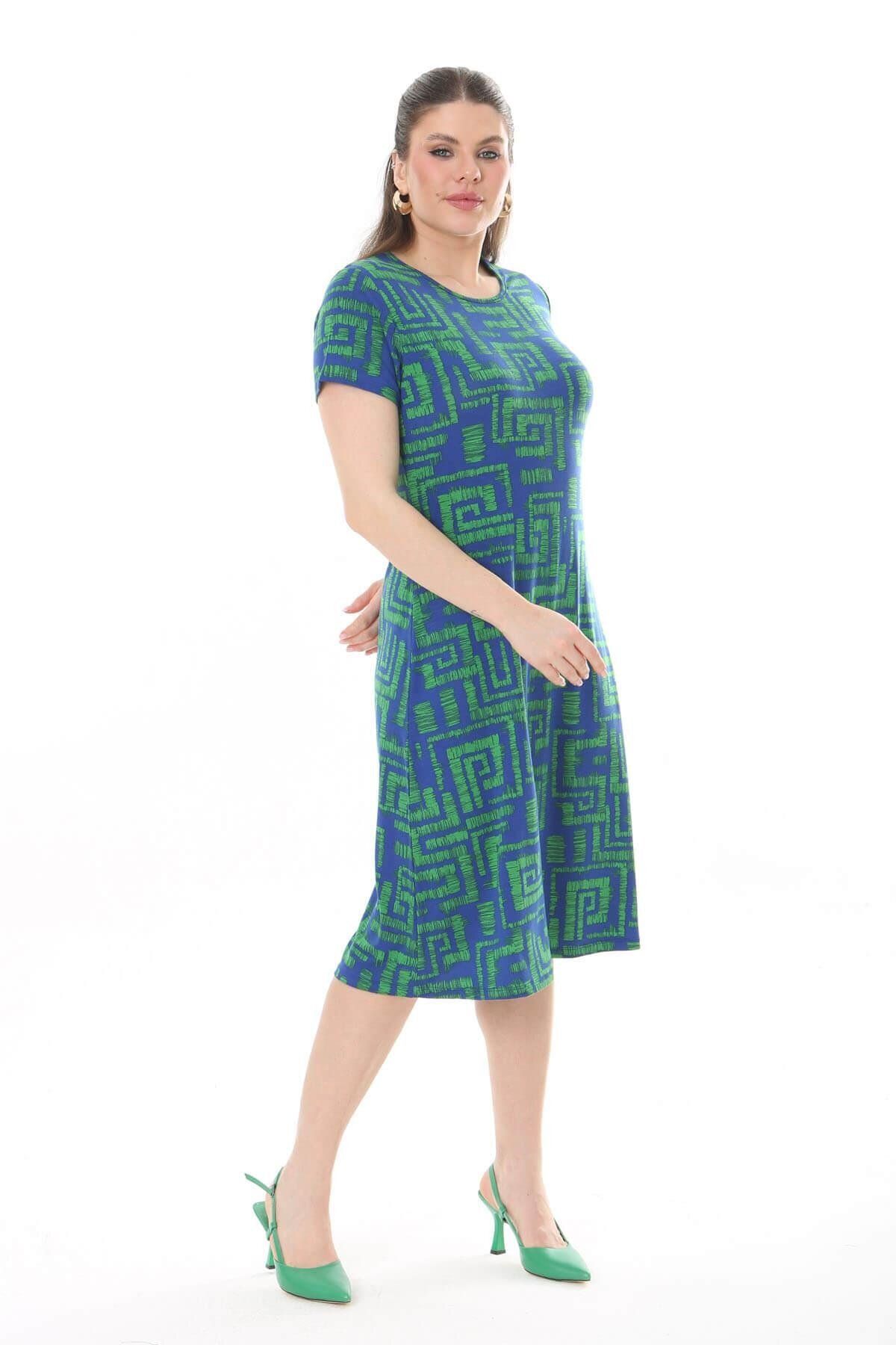 Mooi XXL-Rochie midi cu model labirint albastru verde pentru femei 4