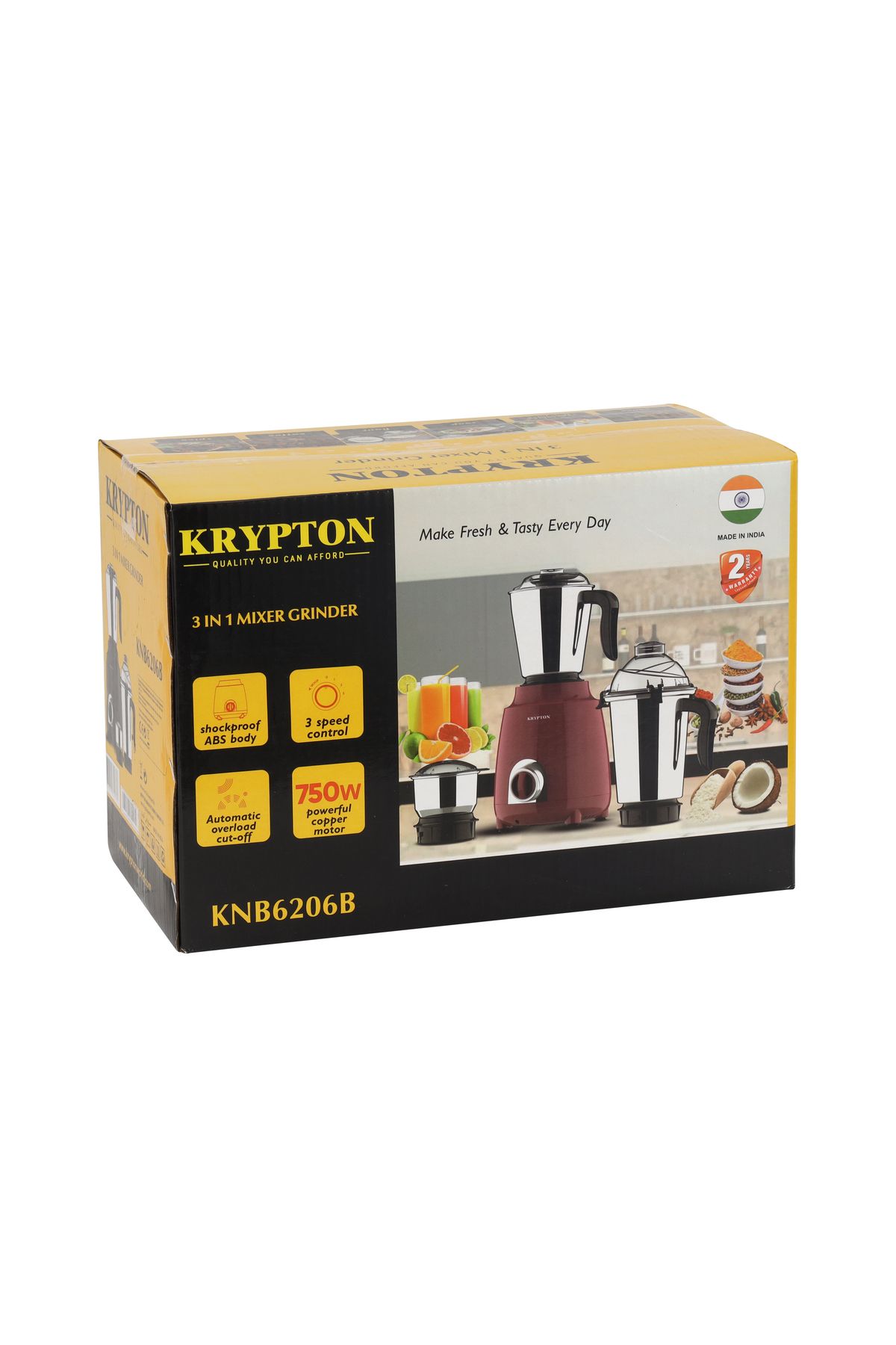 KRYPTON-3-in-1 Mixer Grinder, 3 Speed, Overload Cut-off, Shockproof Abs Body, Multi-purpose Jar 4