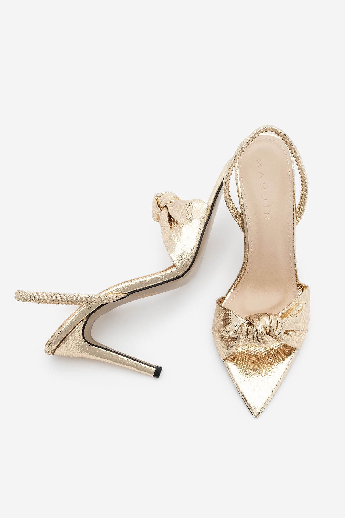 Marjin  Kadın Sivri Burun Düğümlü Arkadan Lastikli Klasik Topuklu Sandalet Zorin Altın - Görsel 8