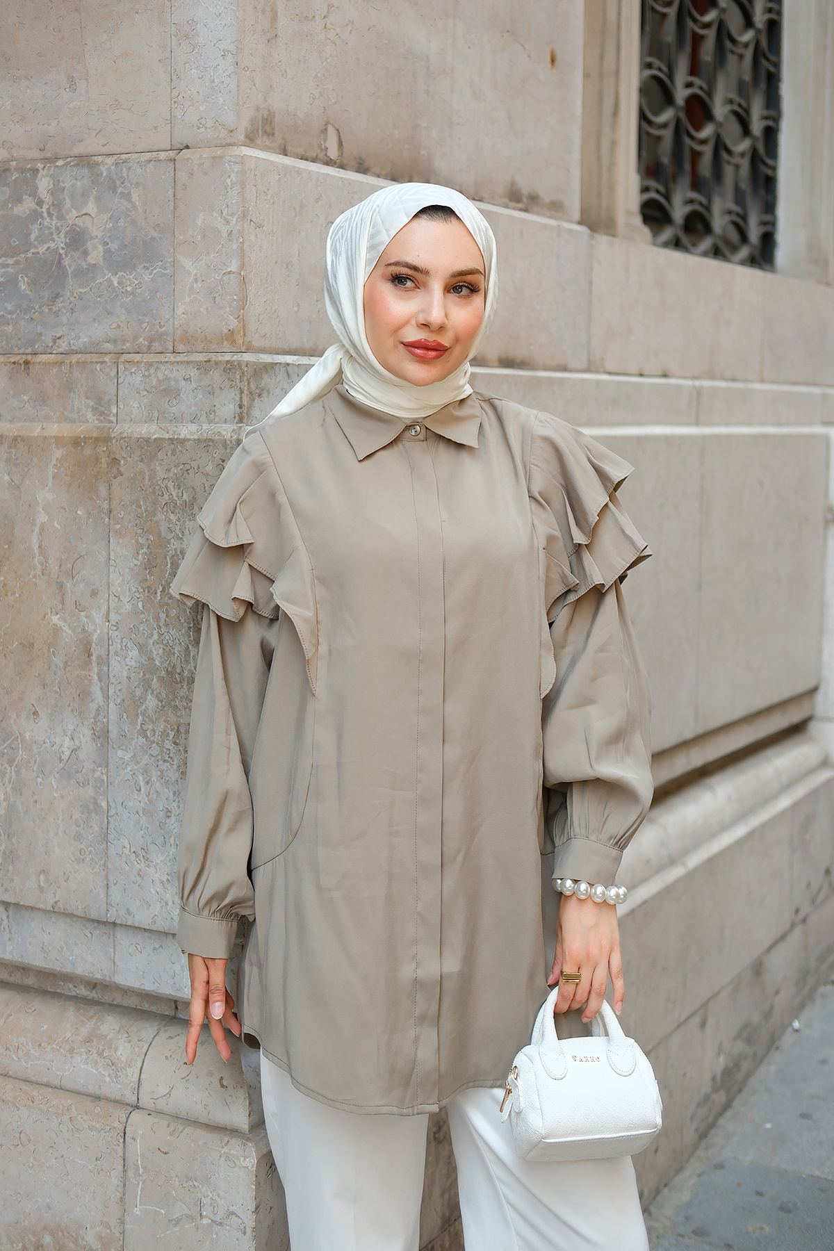 LOCCO Kadın Kolları Fırfırlı Gömlek Küf Yeşil