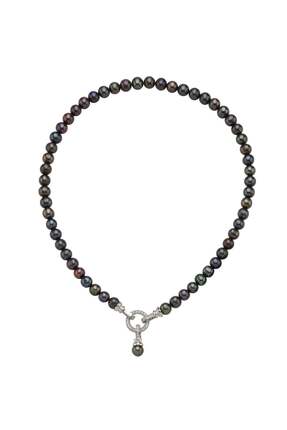 Birinci1926 925 Ayar Gümüş Halka Detaylı Siyah Inci Kolye