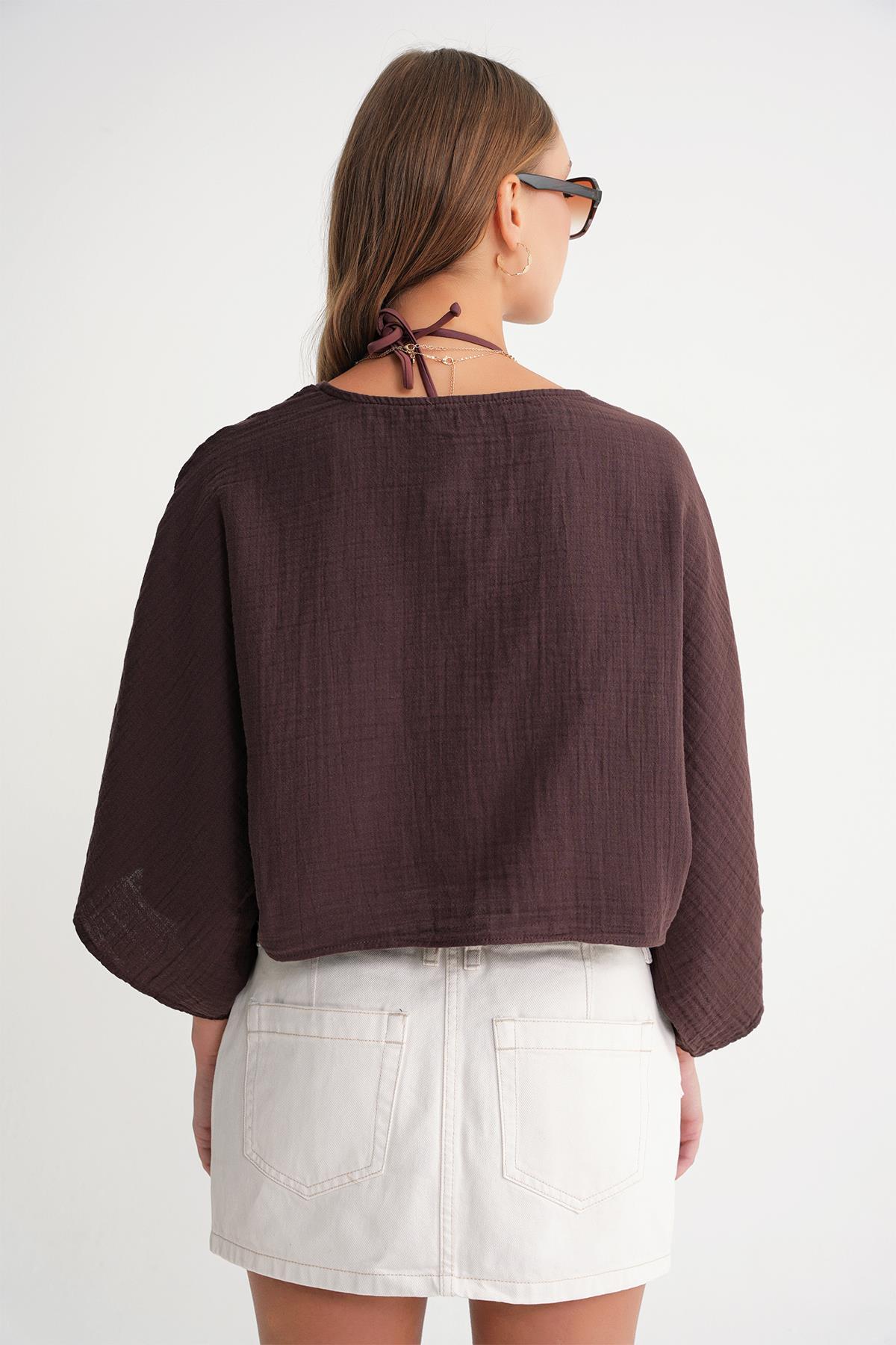 Mixray  4723 Kadın Önü Bağlamalı Bolero Bluz Kahve - Görsel 7