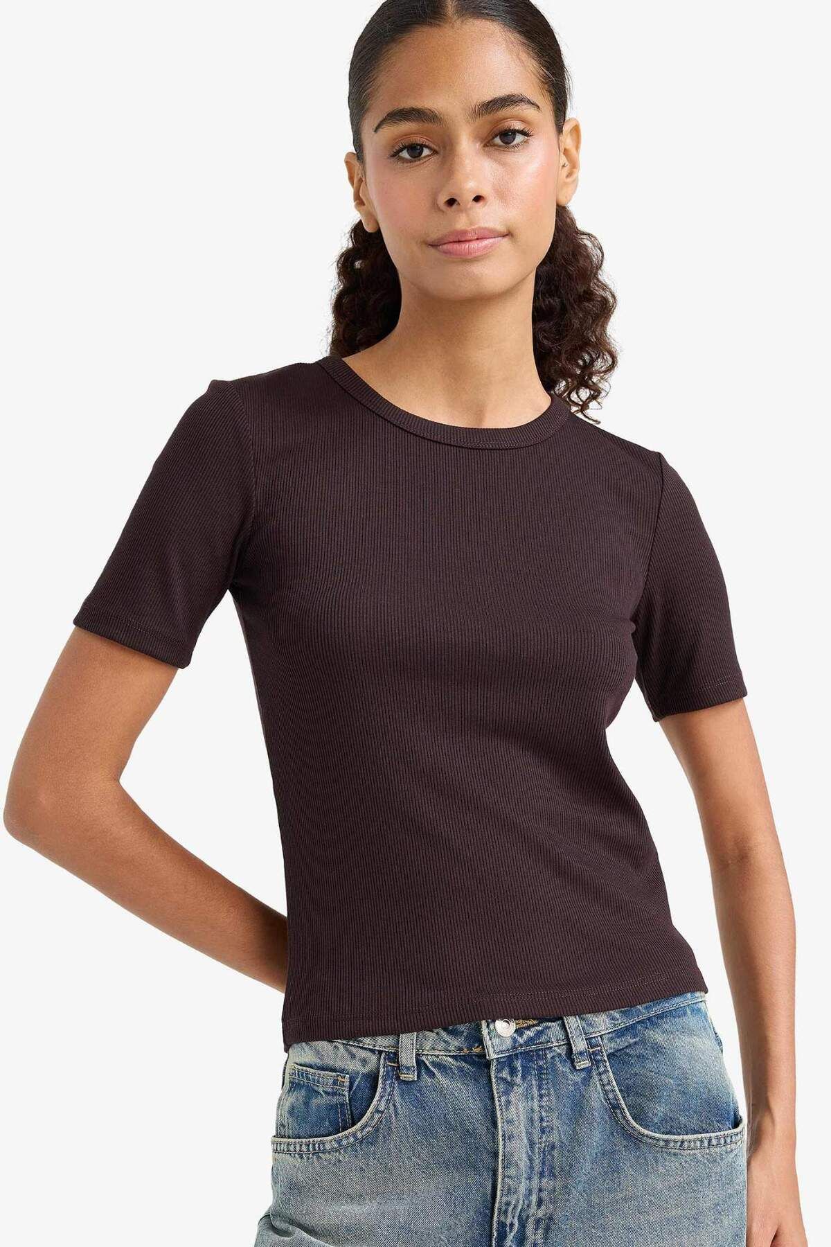 DeFacto-Slim Fit Tight Fit Crew Neck Basic Plain Ribbed Camisole Short Sleeve T-Shirt C0097Ax25Au 1